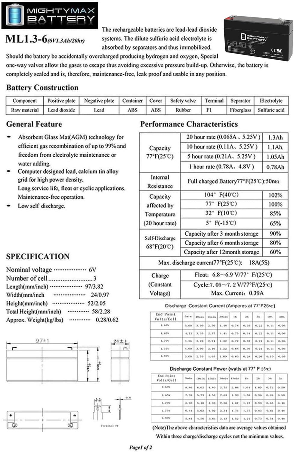 Mighty Max Battery Ml1.3-6 6V 1.3Ah Sla Battery F1 Terminal - Pack Of 10