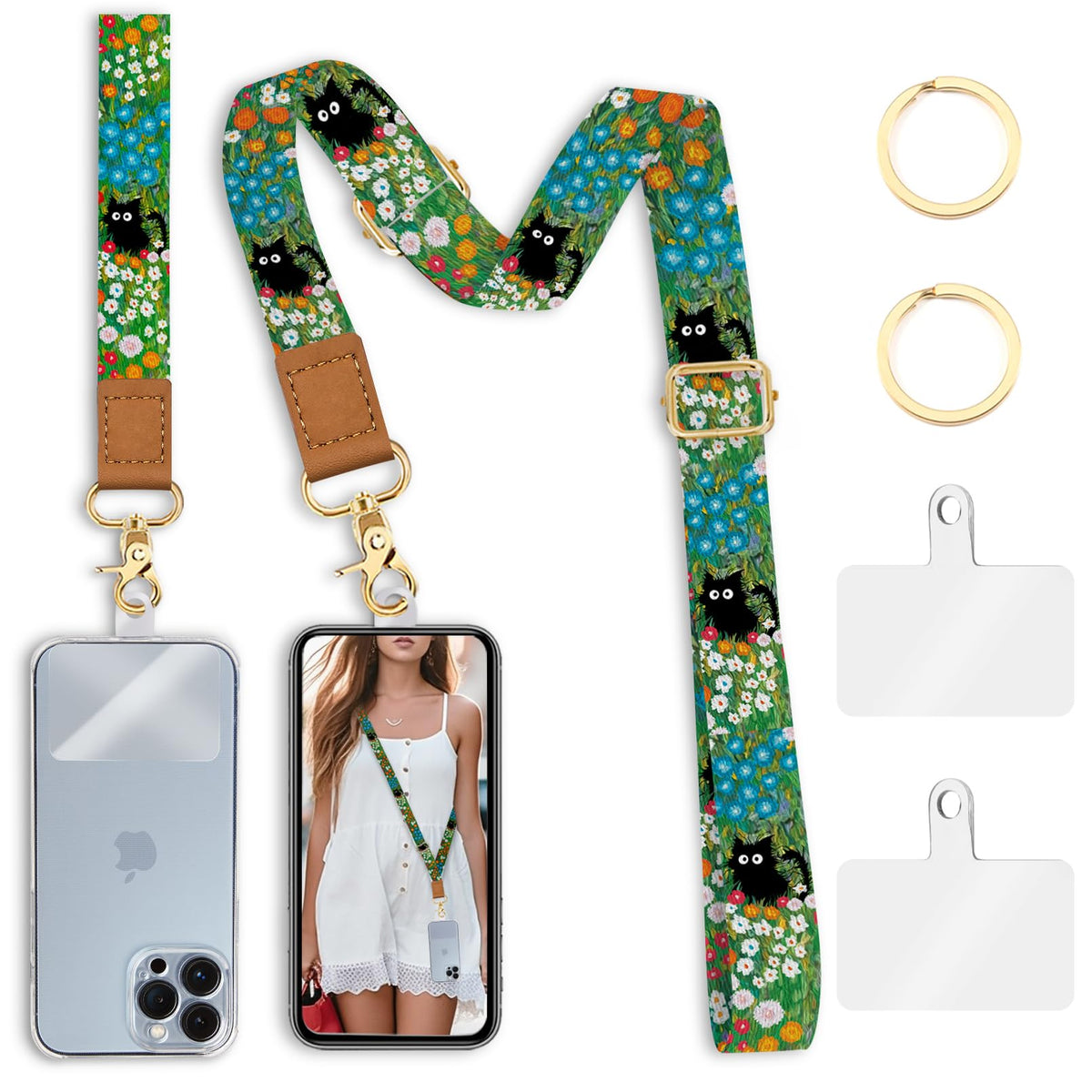 Piefly Phone Lanyard Crossbody Wrist Strap, Black Cat Flower Cell Phone Lanyards For Around The Neck Wristlet Shoulder, Adjustab