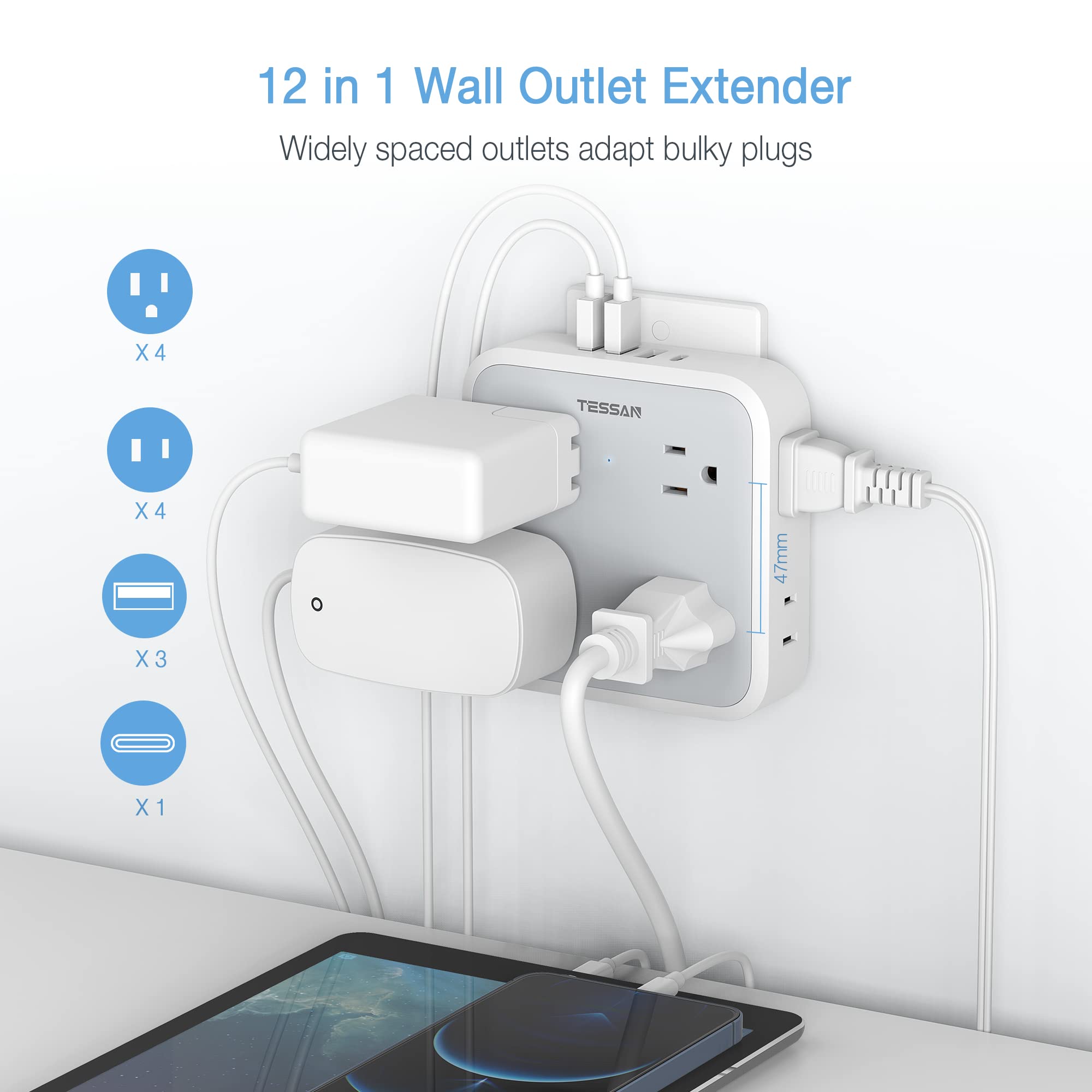 Usb Wall Charger, Surge Protector Outlet Extender, Tessan Outlet Splitter With Usb C Charger Block, 8 Ac Multiple Power Splitter