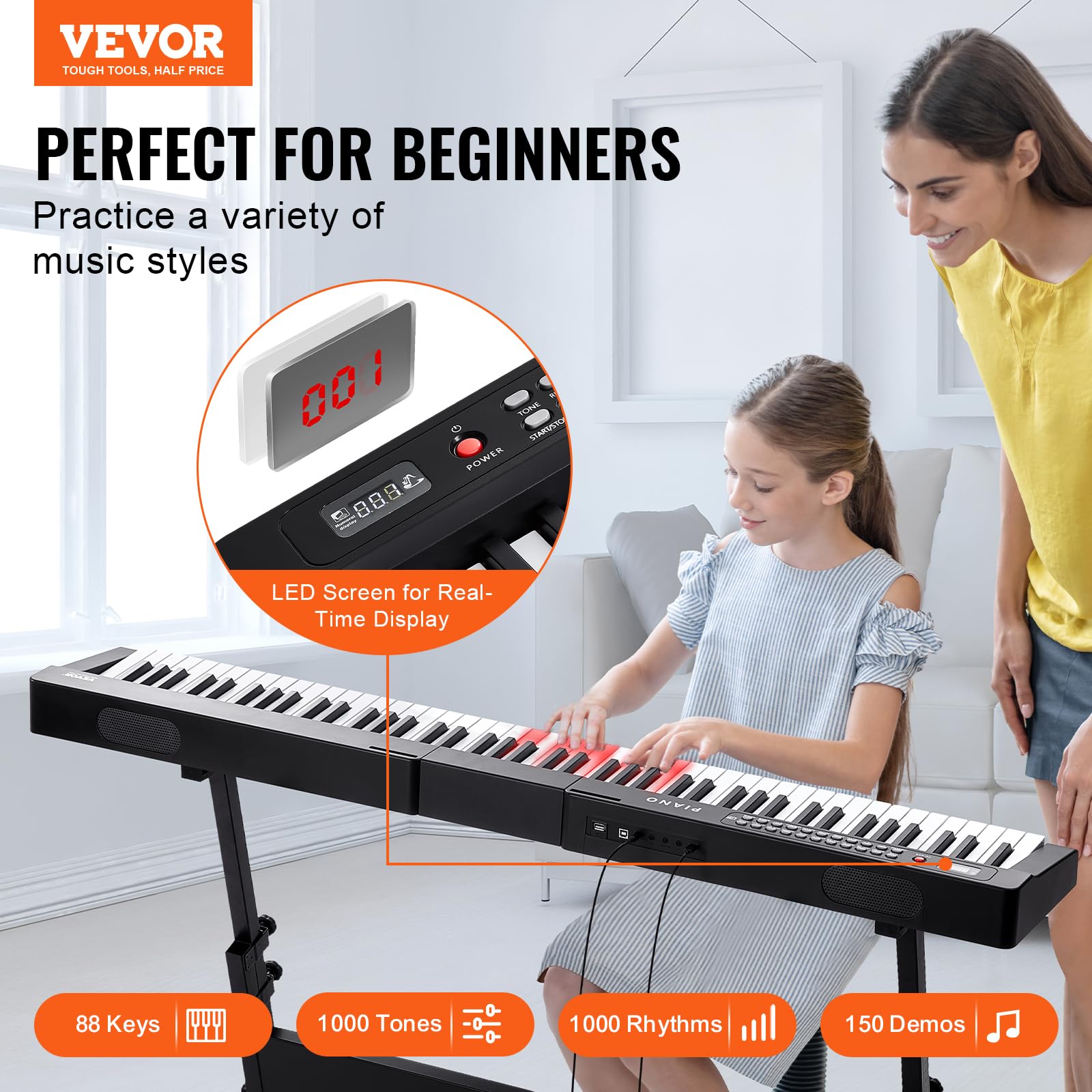 Vevor 88 Key Digital Piano Keyboard, Semi Weighted Keys, Full Size Electric Portable Keyboard Piano Set With 1000 Tones Built-In