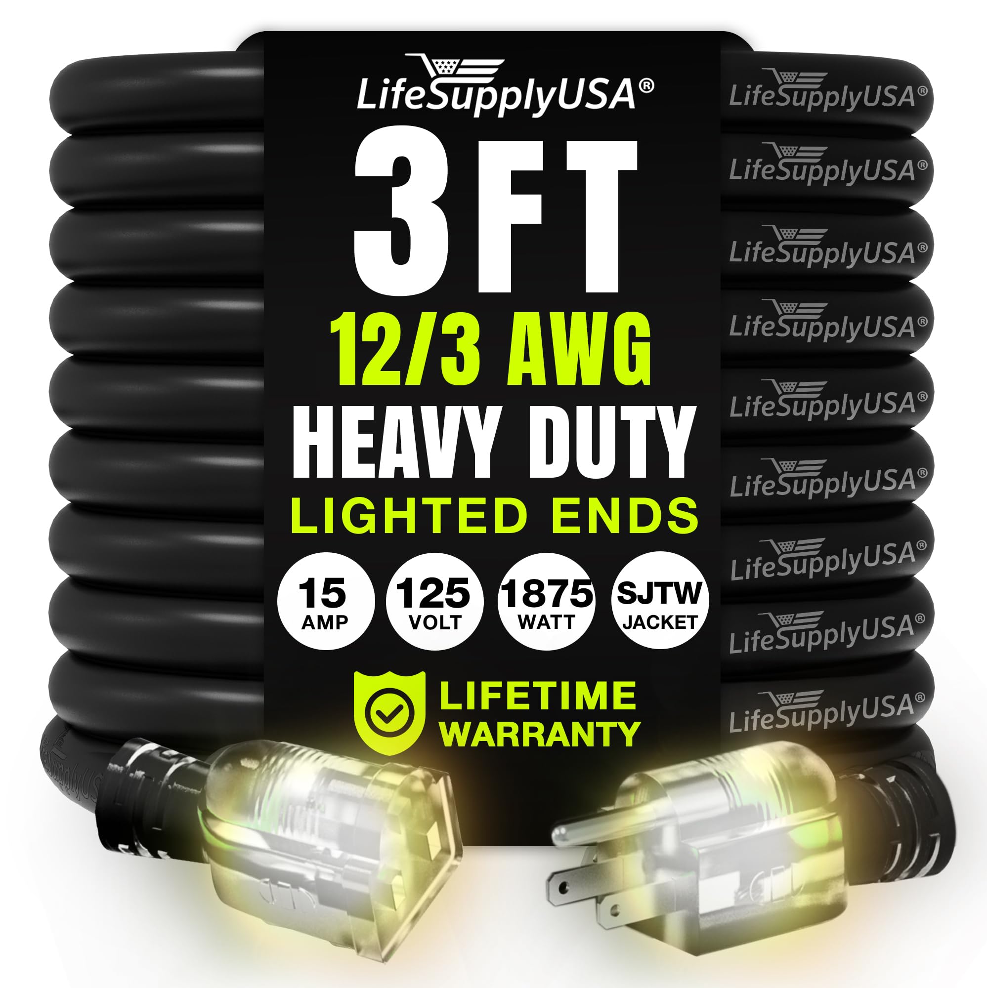 Lifesupplyusa 3Ft Outdoor/Indoor Extension Cord 12/3 Gauge Extra Heavy Duty 3 Prong Sjtw, Waterproof, Flexible Cold Resistant Lo