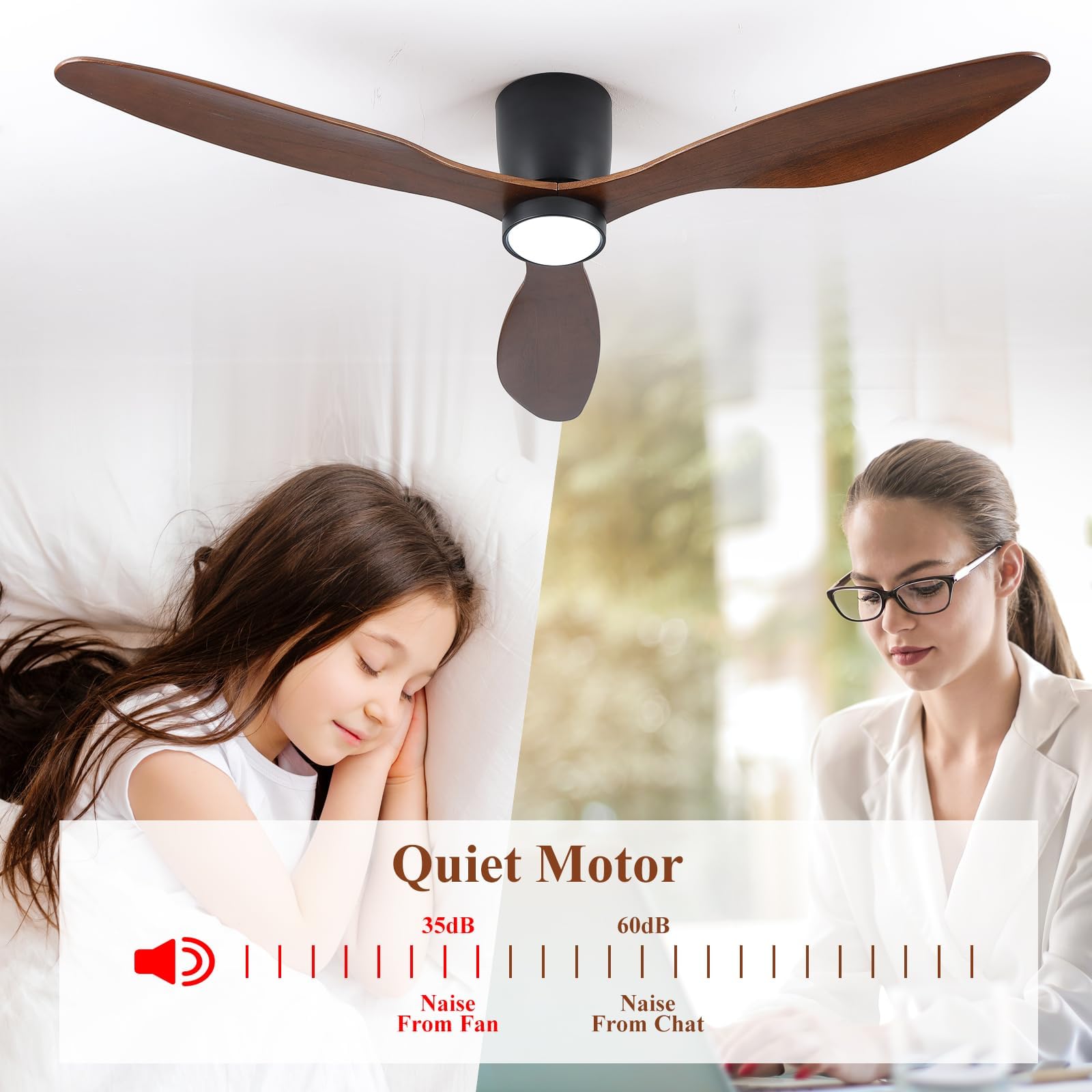 52 Inch Low Profile Ceiling Fan With Lights, Flush Mount Ceiling Fan, 3 Wood Blades, Noiseless Dc Motor   Timer Function, 6 Adju