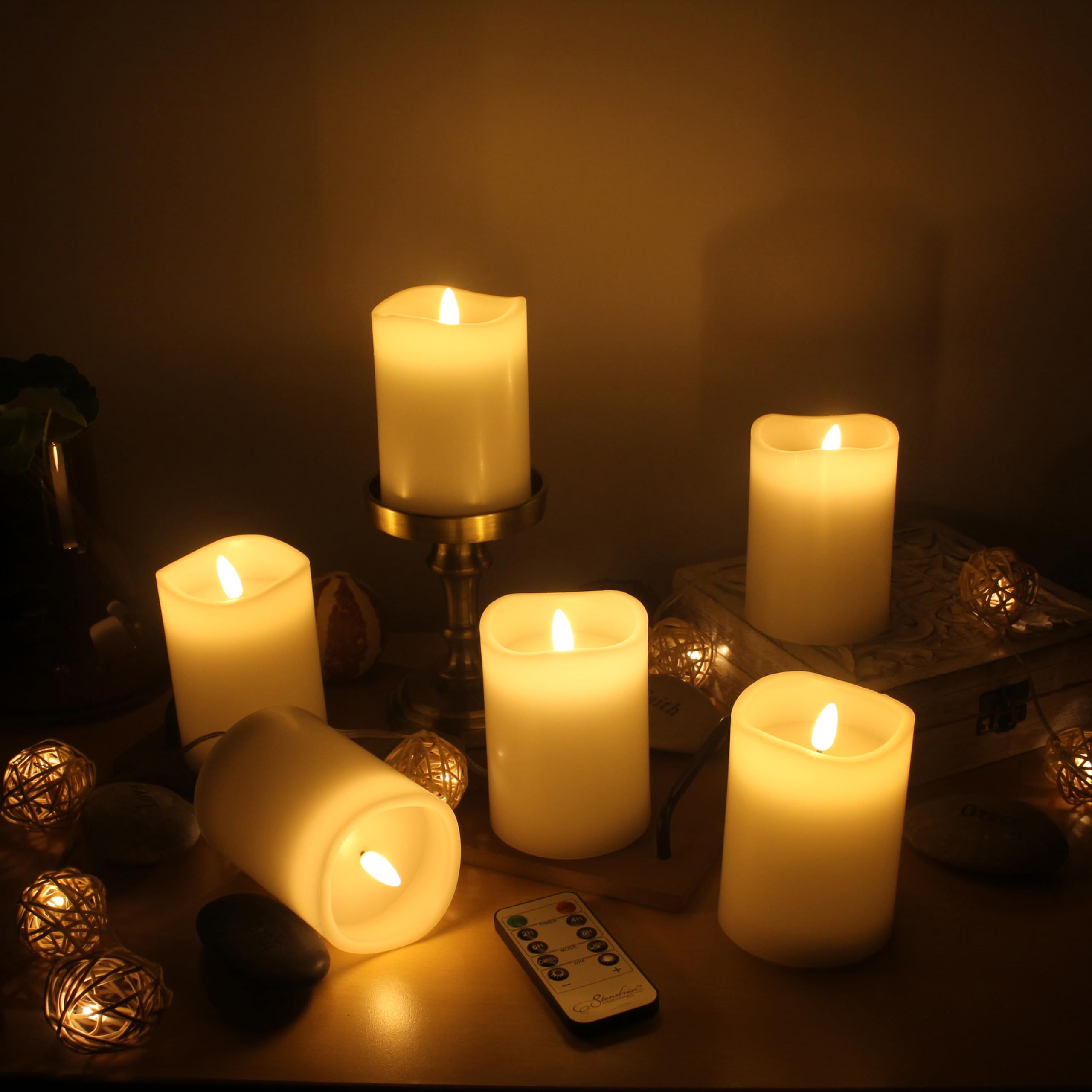 Stonebriar 6 Pack Real Wax 3X4 Flameless Led Pillar Candles With Remote And Timer