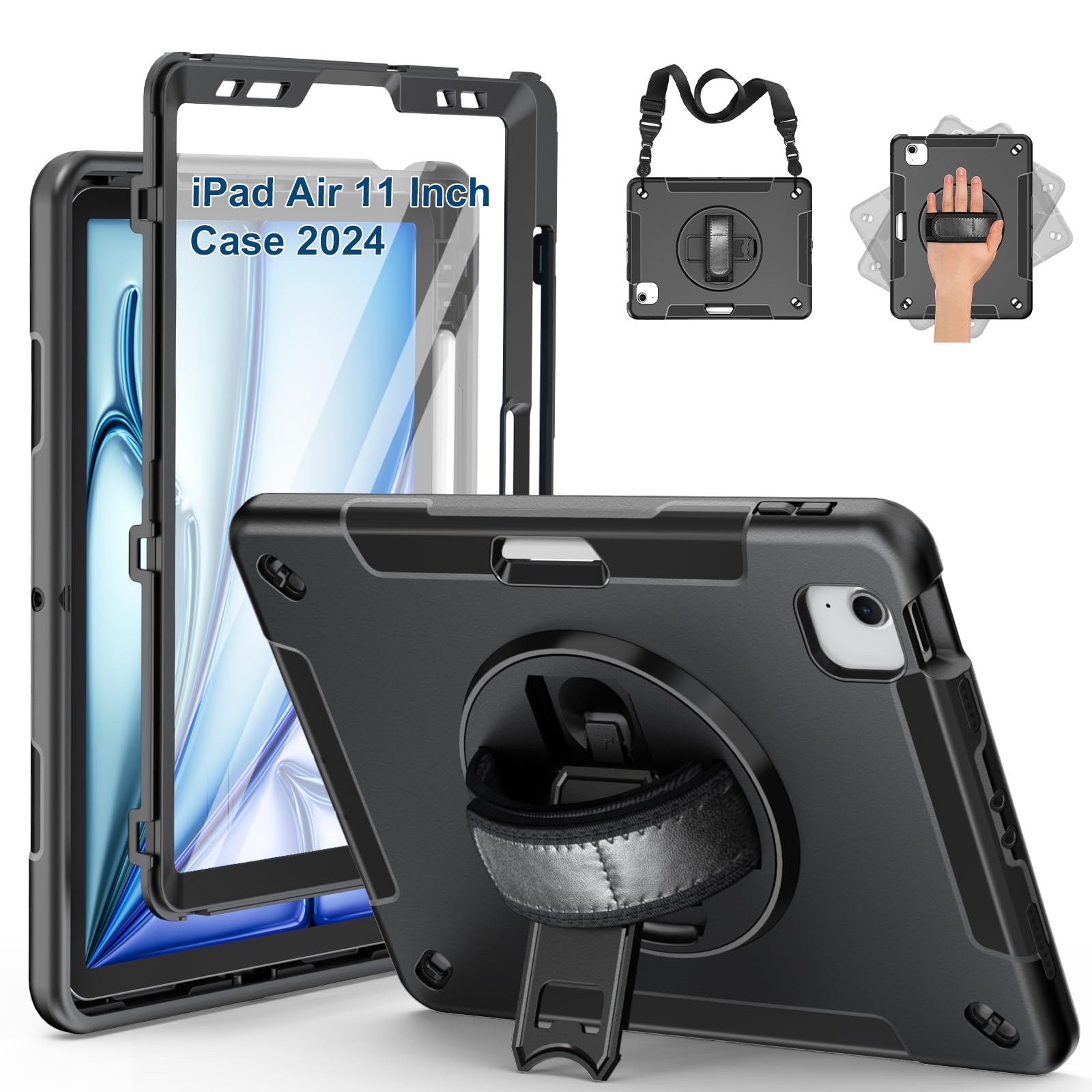 Supfives Case For Ipad Air 11 Inch Case 2024 (6Th Generation),With Screen Protector/Pencil Holder/Rotating Kickstand/Hand Strap/