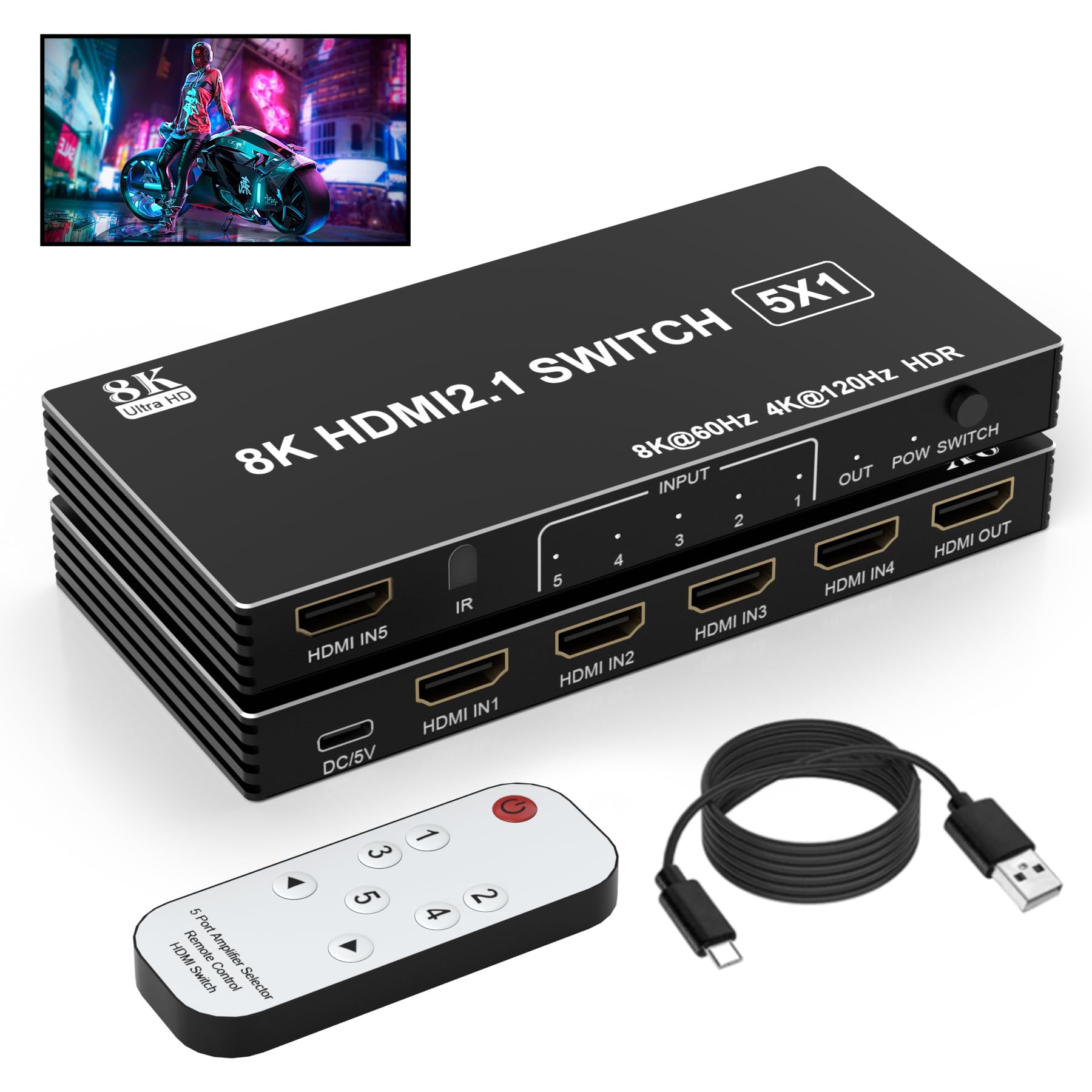 8K Hdmi Switch 5 In 1 Out, 5 Port Hdmi Splitter With Ir Remote Hdmi Switcher Selector Box Support 8K@60Hz 4K@120Hz, Hdmi 2.1 Swi