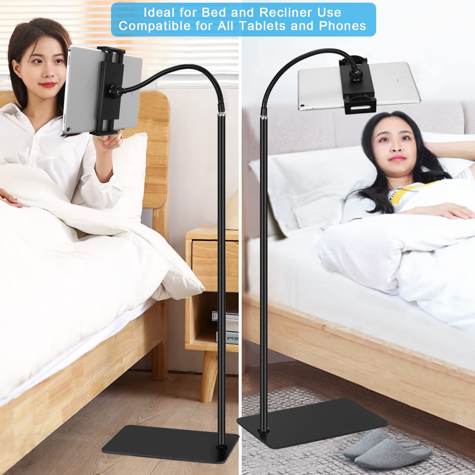 Lucky Trip Tablet Floor Stand,360 Degree Rotatable Metal Tablet Holder With Flexible Gooseneck Holder Long Arm, Compatible With