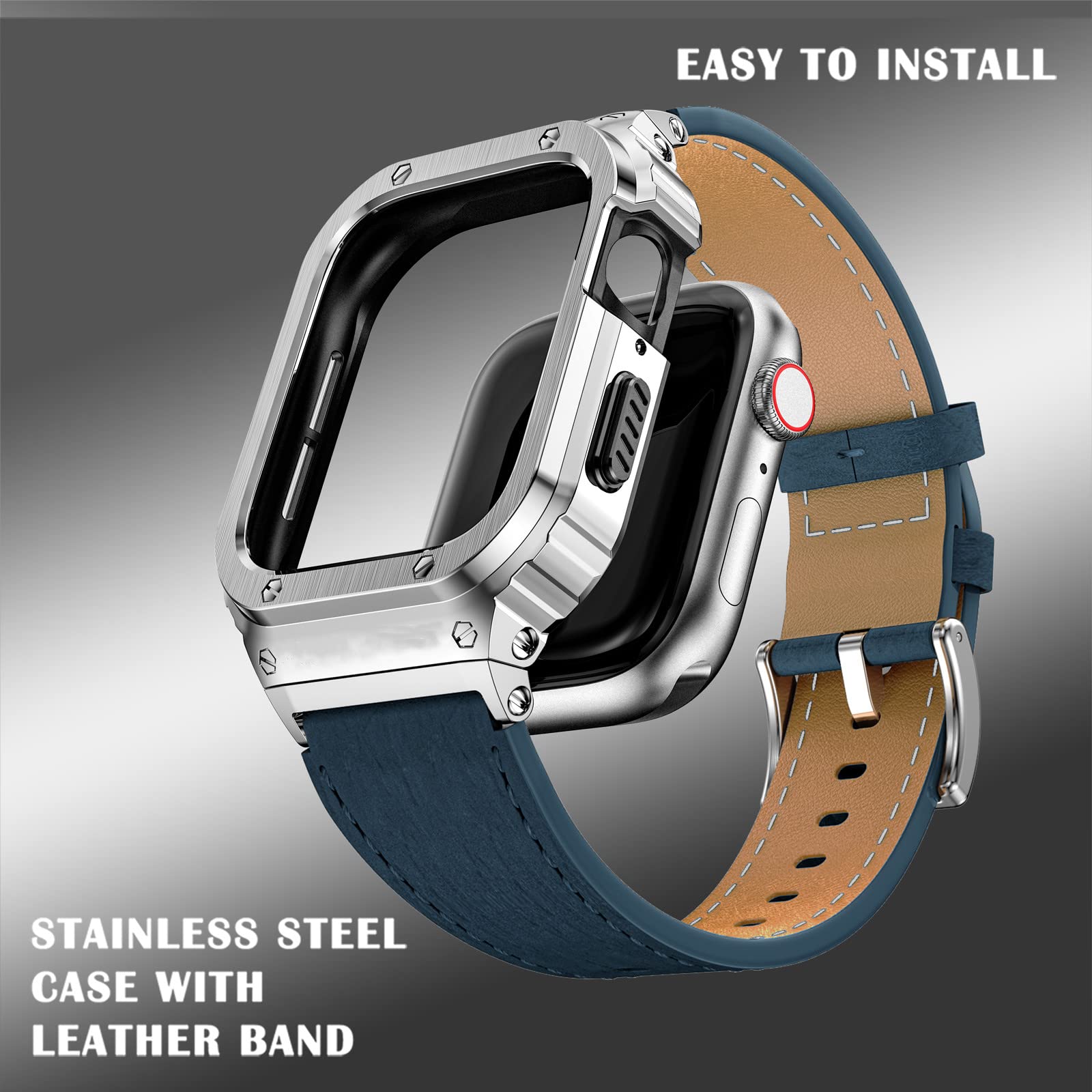 Suplink Stainless Steel Case And Bands Compatible With Apple Watch Bands 44Mm 42Mm,Leather Strap Rugged Cover For Iwatch Bands S