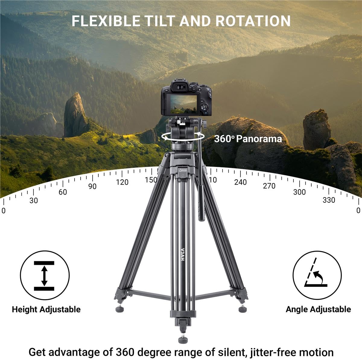 3Pod V3Ah 3 Section Aluminum Video Tripod For Camera, Professional Camera Tripod With 2 Way Fluid Head, Mid Level Spreader, Quick Release Plate, Max Load 8.8 Lbs., 61' Max Height Heavy Duty Tripod