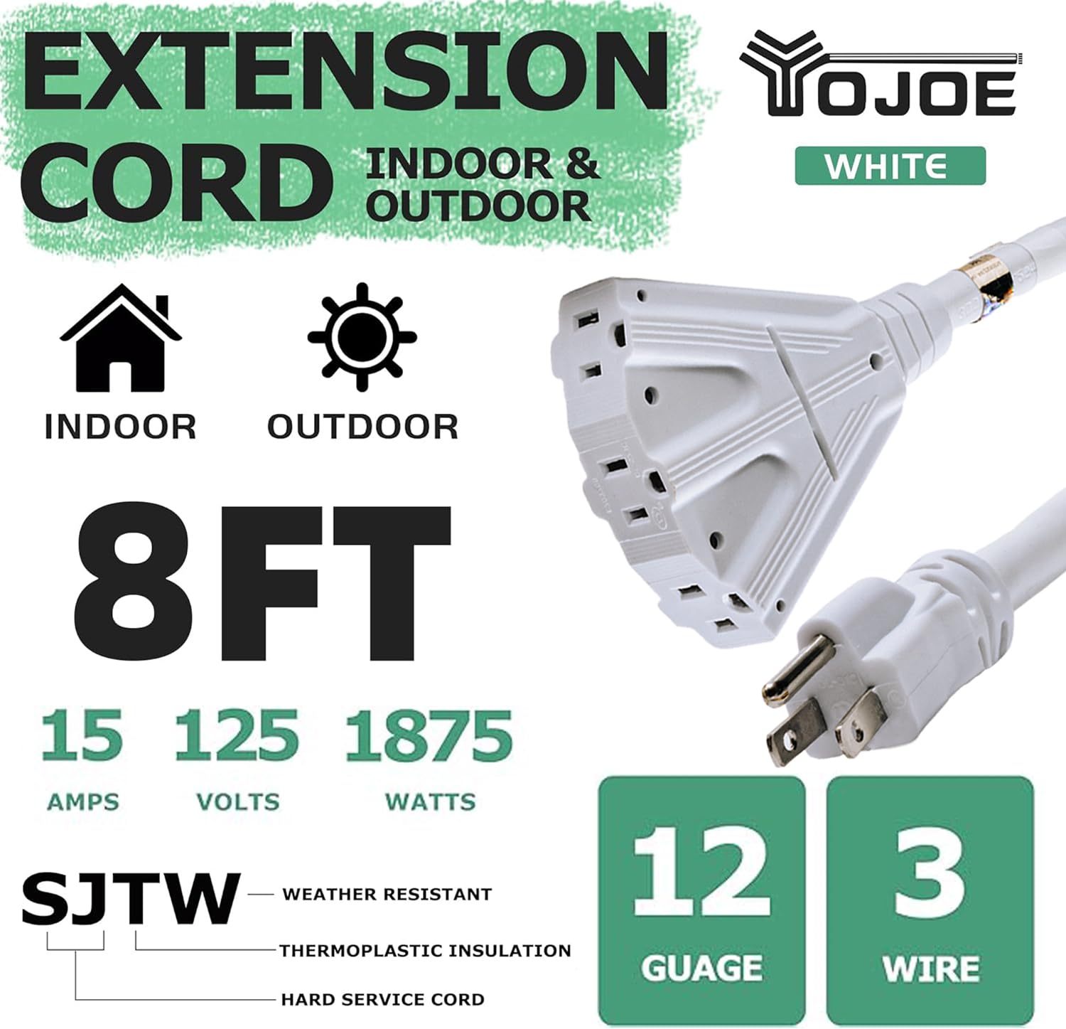 Yojoe 3 Outlets Indoor Outdoor Extension Cord, 3 Prong 15A Weatherproof Power Cord Multiple Outlets, 12 Gauge Heavy Duty 8 Ft Wh