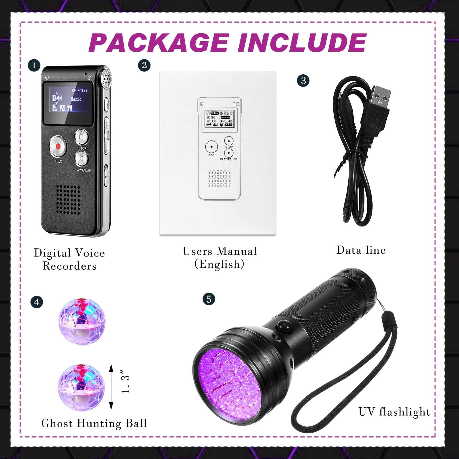 Dunzy 4 Pcs Ghost Hunting Equipment Kit Includes 1 Pocket Digital Voice Recorder 2 Led Light Up Pet Cat Ball 1 Black Uv Flashlig
