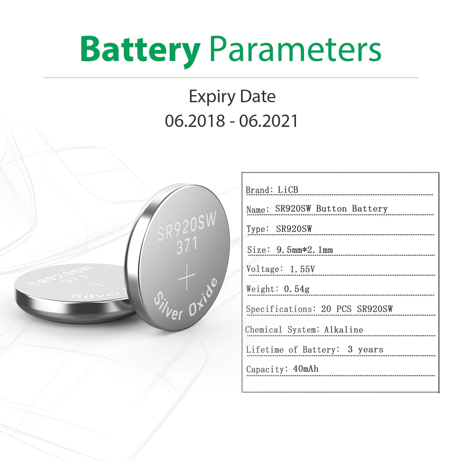 Licb 20 Pack Sr920Sw 371 370 Ag6 Battery 1.5V Button Cell Watch Batteries