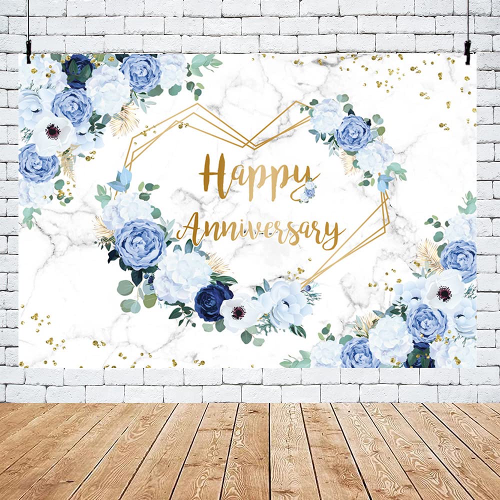 Mehofond 7X5Ft Happy Anniversary Backdrop Blue And White Floral Wedding Anniversary Photography Background Hearts Geometric Coup