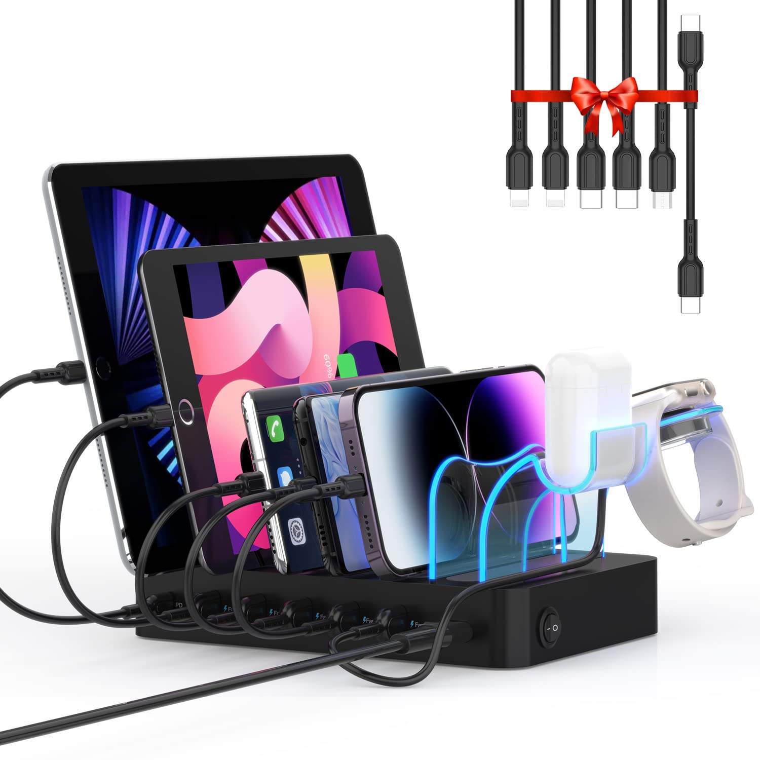 Soopii 6 Port Pd Charging Station For Multiple Devices, 20W Pd Usb C Fast Charging For Lphone 141312,6 Short Cables Included, 2 