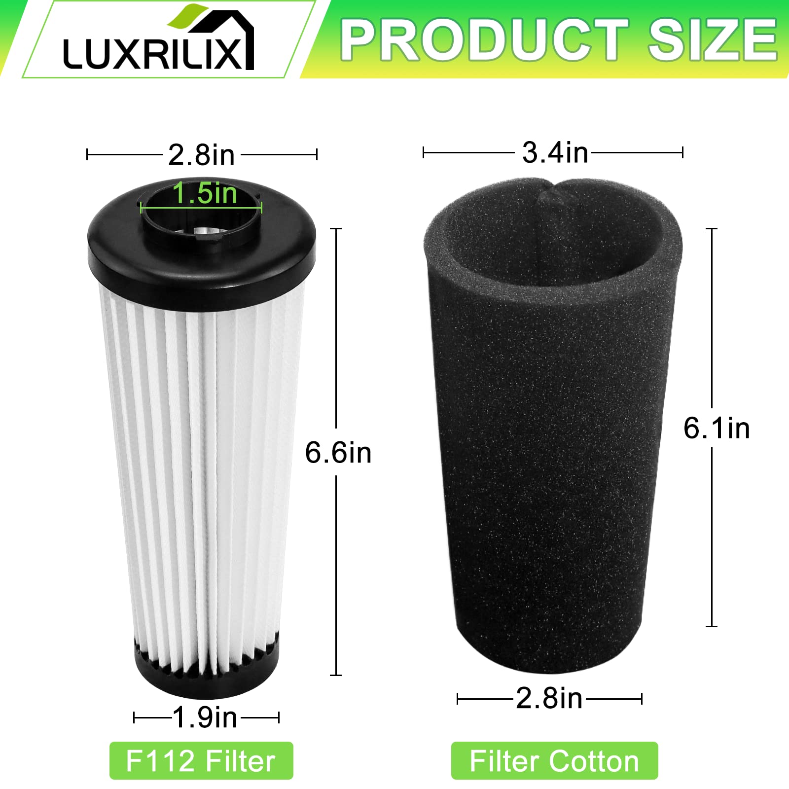 LUXRILIX F112 Filter Replacement for Dirt Devil Vacuums, 4 Pack Odor Trapping, White & Black, Model AD47936