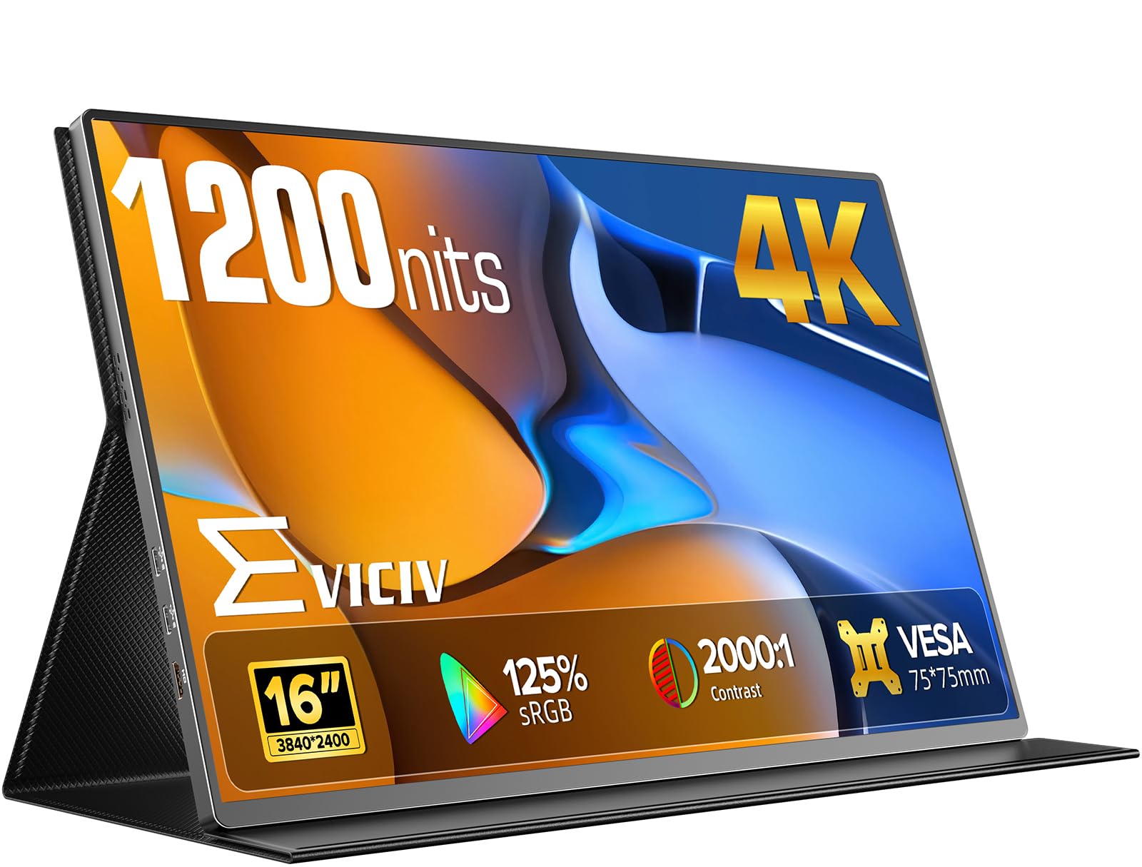 EVICIV Portable Monitor 4K 1200 Nits, 16 Laptop Monitor, 3840 * 2400 UHD, 1MS FreeSync, 2000:1 Contrast, USB-C & HDMI, VESA & Sm