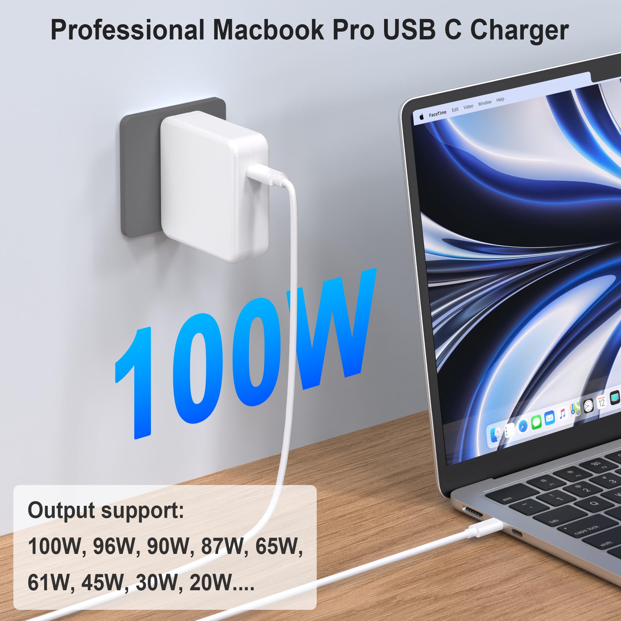 Mac Book Pro Charger,100W Usb C Fast Charging Laptop Charger Power Adapter For Mac Book 16 15 14 13 Inch,Macbook Air, Samsung Galaxy,And All Usb C Devices,Usb C To C Power Cord Supply