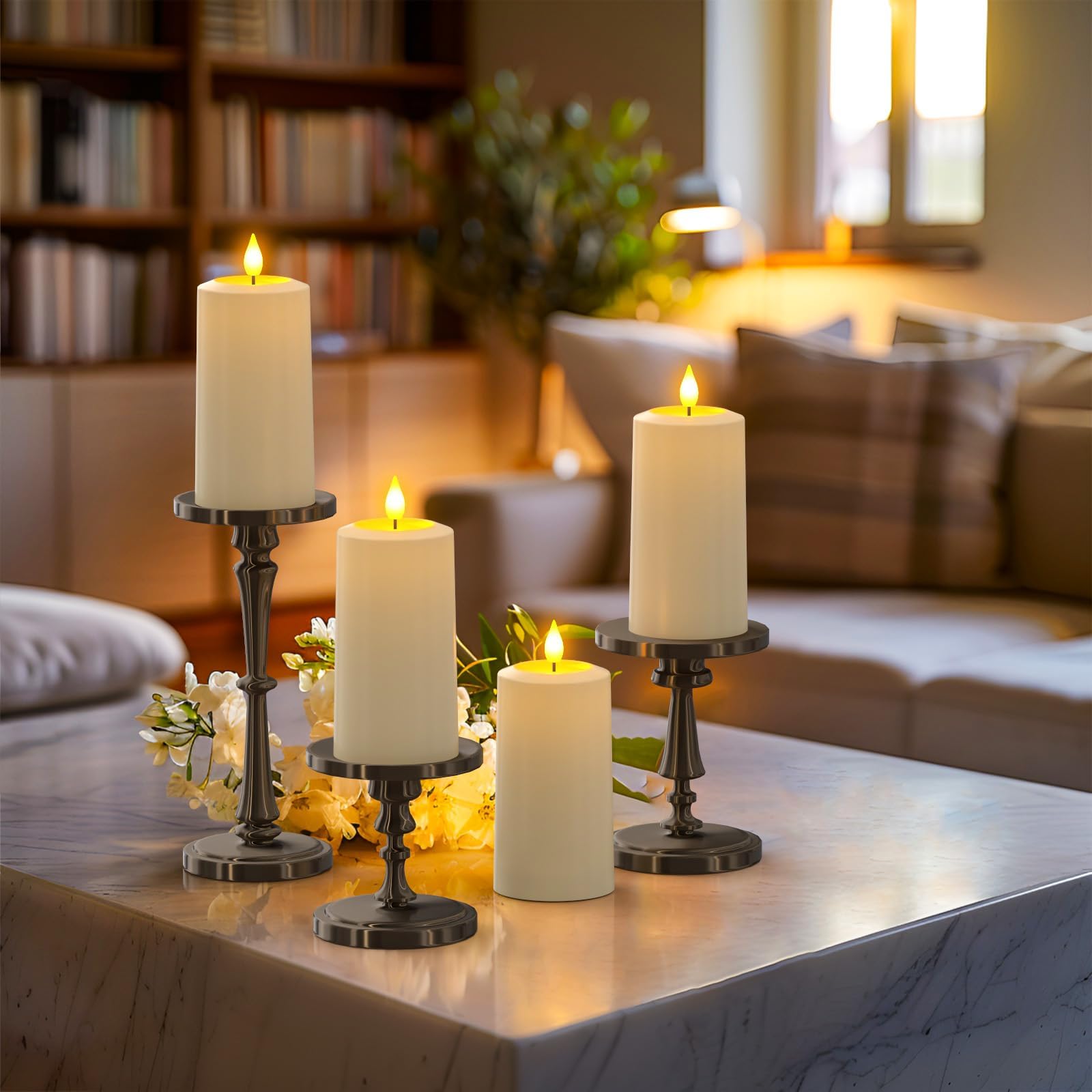 Soulbay Flameless Led Candles, 4-Pack Usb Rechargeable, Flickering Waterproof White Pillar Candles With Remote Control Timer For