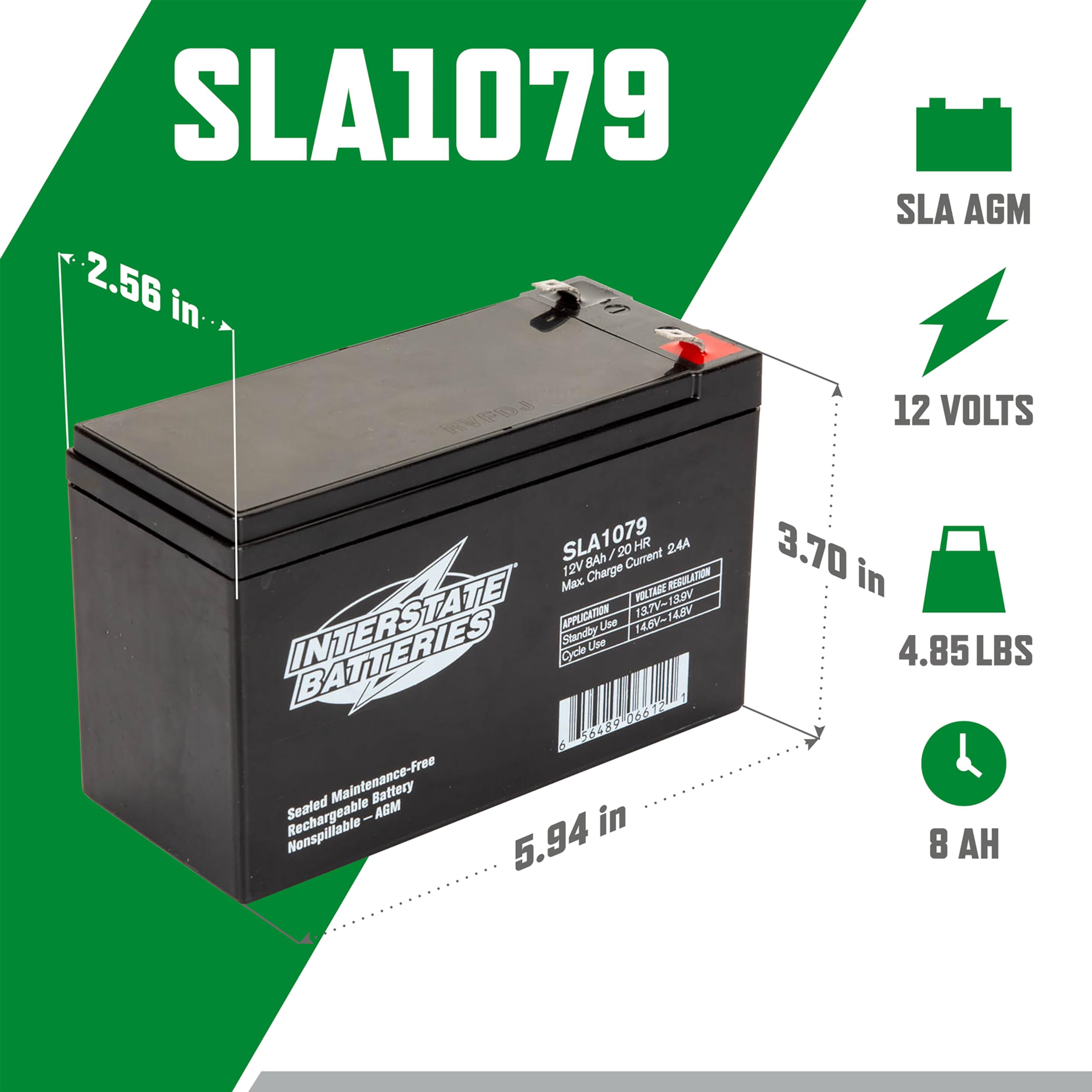 Interstate Batteries 12V 8Ah Battery (Sla1079) Rechargeable Sla, Agm Replacement Battery For Ups Backup Power Systems, Apc Smart