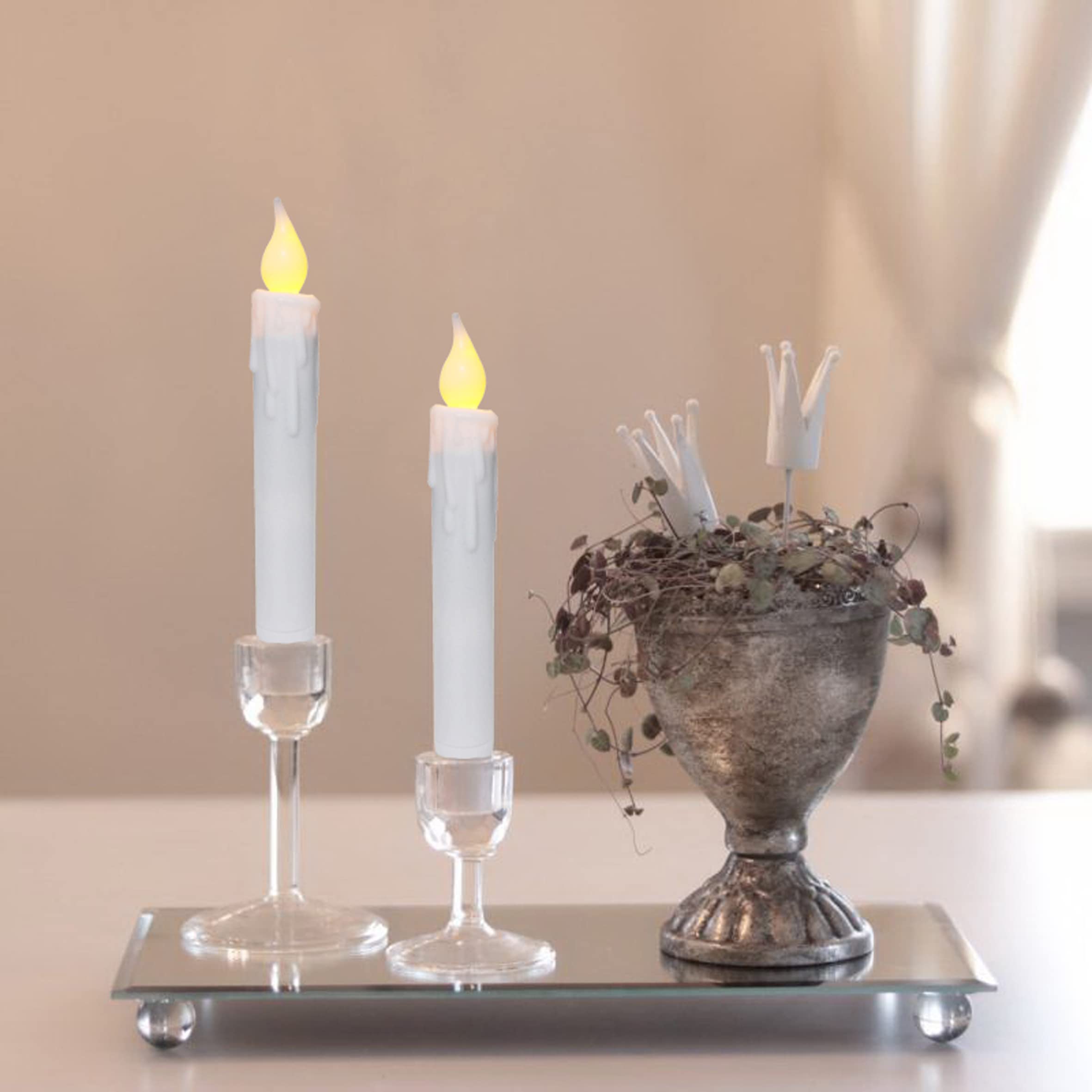 Cvhomedeco. Flickering Taper Candles Led Drip Flameless Candles, Battery Operated With Timer, White, 6 3/4 Inch, Set Of 2