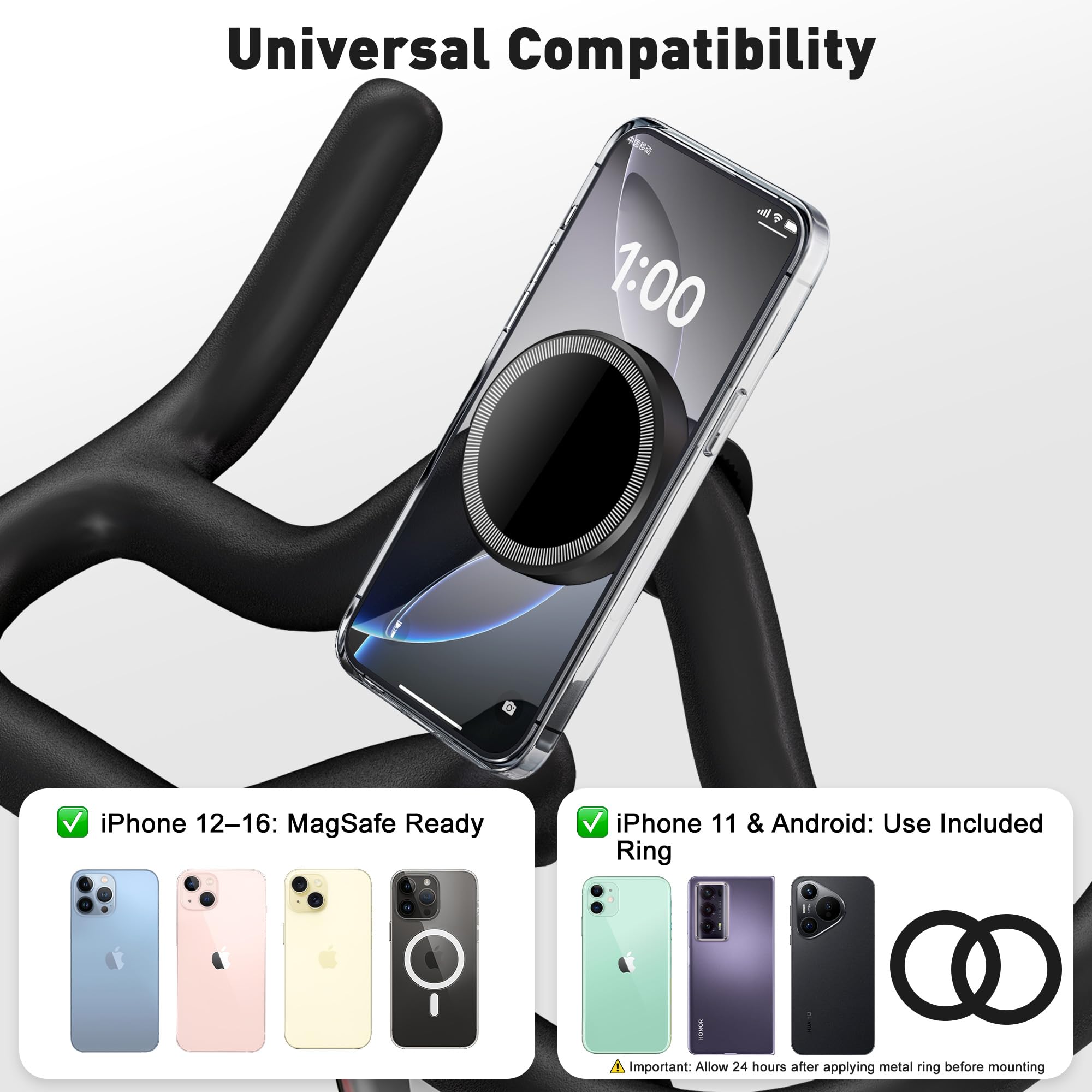 Ninefatics Gym Fitness Phone Mount For Mag-Safe, Magnetic Bike & Treadmill Holder With 17 X N52 Strong Magnets, Adjustable Silic