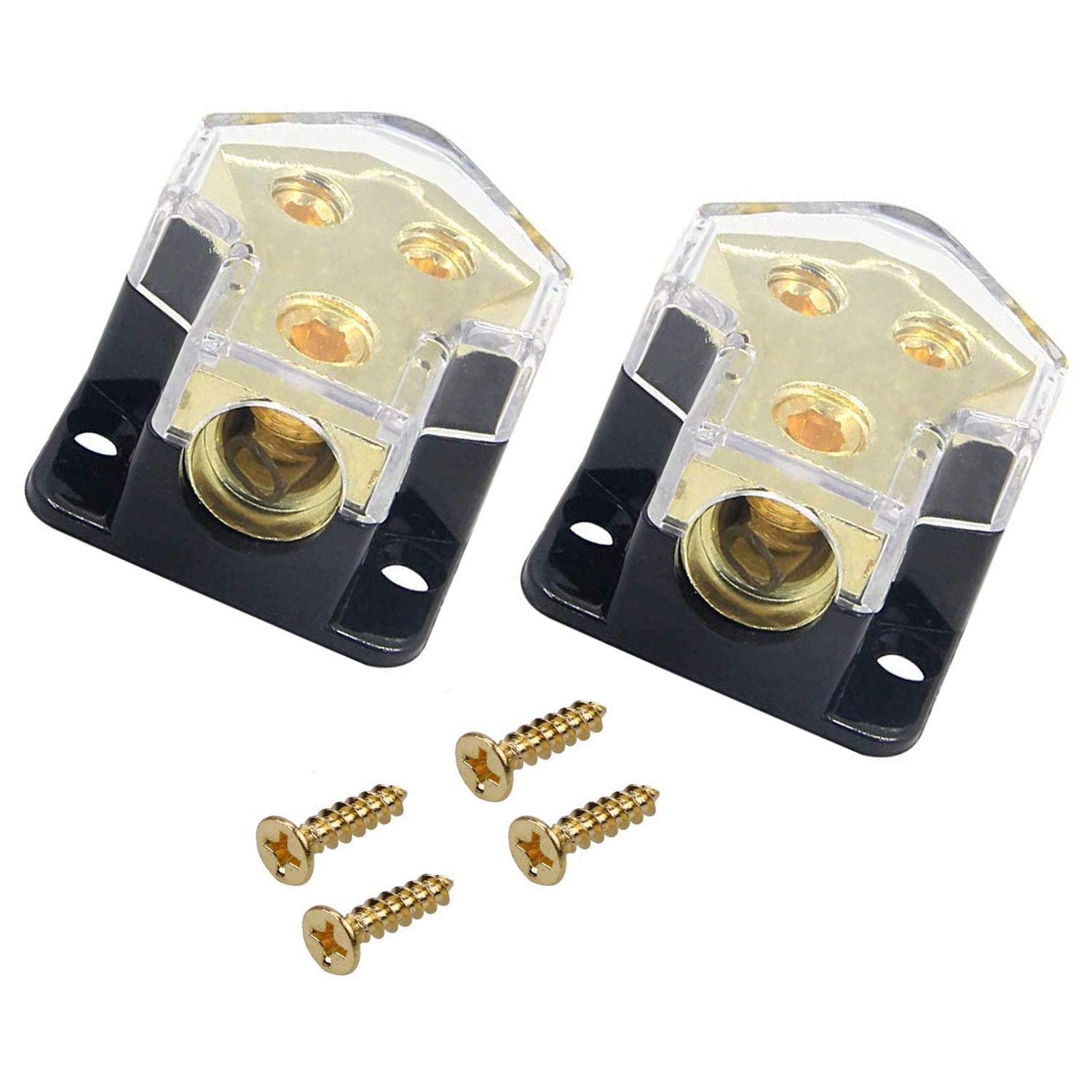 Rkurck Power Distribution Block, 2 Way 0/2/4 Awg Gauge In, 4/8/10 Gauge Out, 2 Way Car Audio Stereo Amp Distribution Connecting