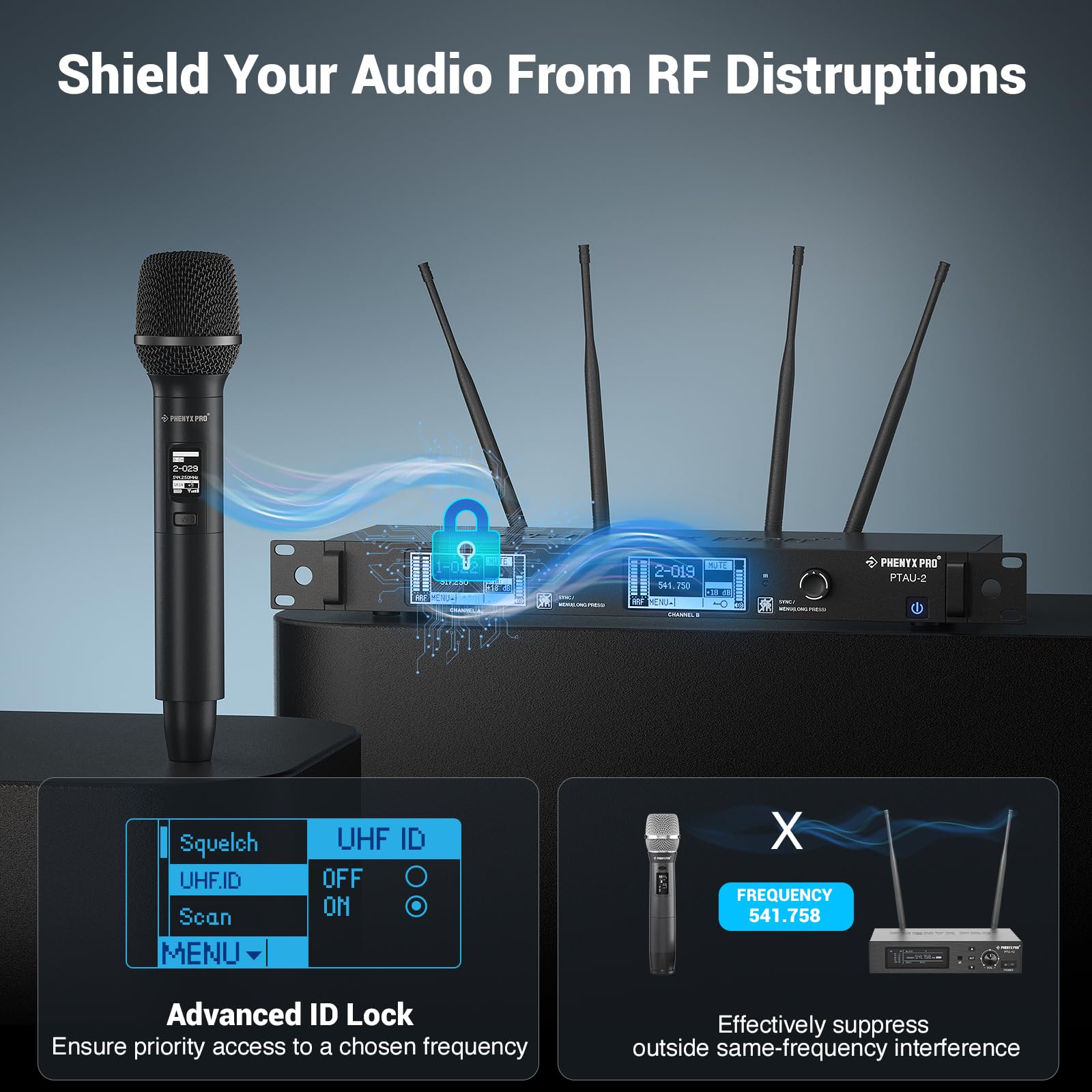 Phenyx Pro Dual Channel Wireless Microphone System, Dynamic Mics W/Id Lock, Tunable Power Level, Auto Scan, Spectrum Analyzer, T