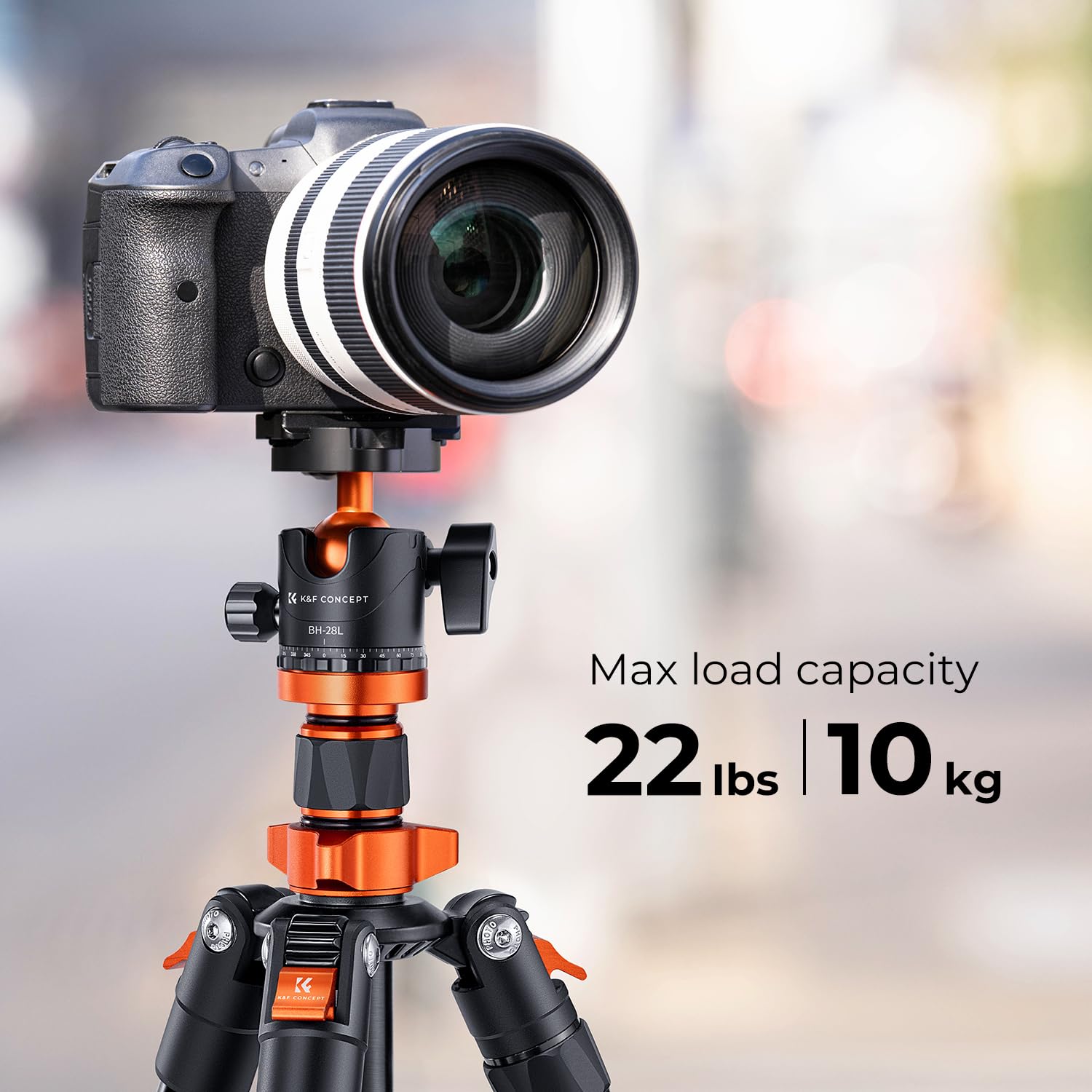 K&F Concept 62 Lightweight Aluminum Tripod with Detachable Monopod & 360° Ball Head - Black and Orange, Model K254A1+BH-28L