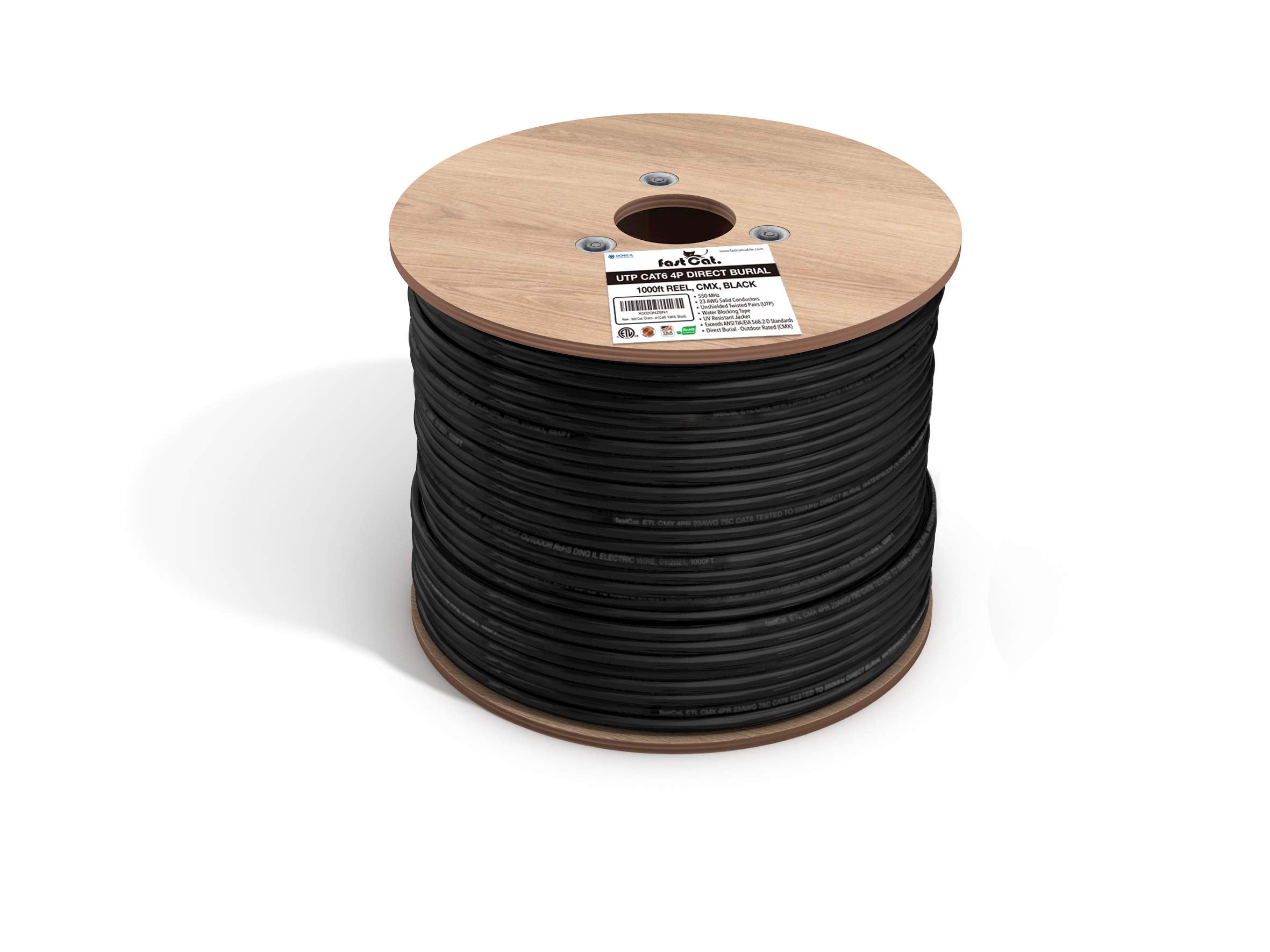 Fast Cat. Cat6 Direct Burial Outdoor Ethernet Cable 1000Ft   Waterproof Cat6 Cable With 23Awg Solid Copper Conductors   Cmx, Utp 550Mhz, Poe++ (4Ppoe), Etl & Ul Listed, Bulk Ethernet Cable (Black)