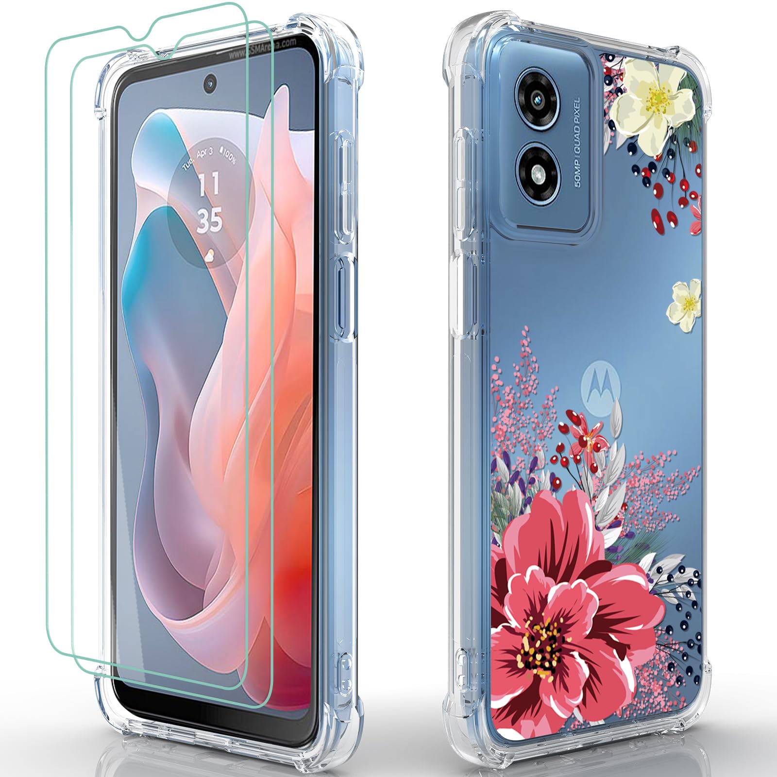 Osophter for Moto G Play 2024 Case: Women Girls Flower Floral with Screen Protector Flexible TPU Rubber Phone Cover Case for Mot