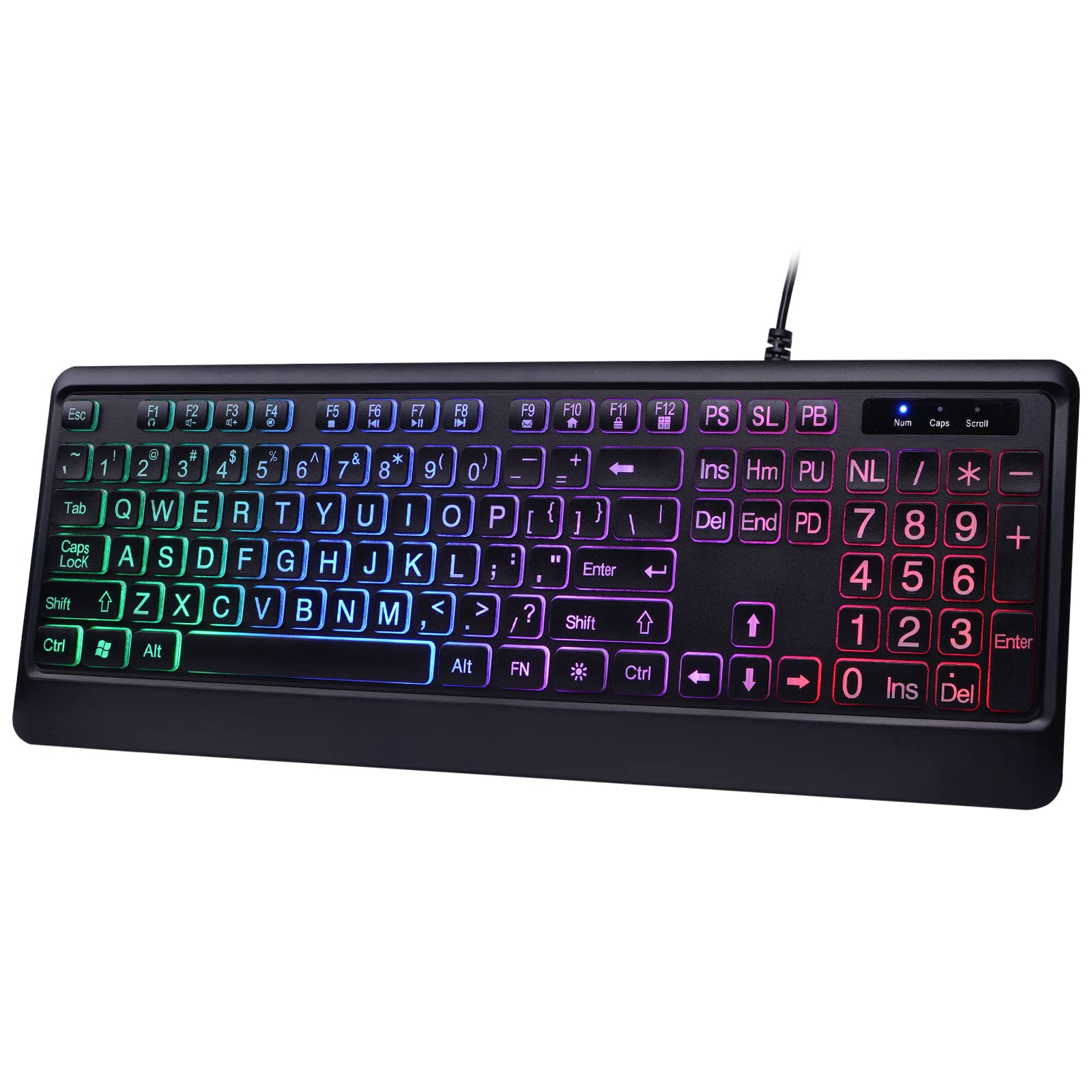 Kopjippom Backlit Wired Keyboard   Large Print Computer Keyboards With Rainbow Backlight, Silent Usb Wired Keyboard, Light Up Ke