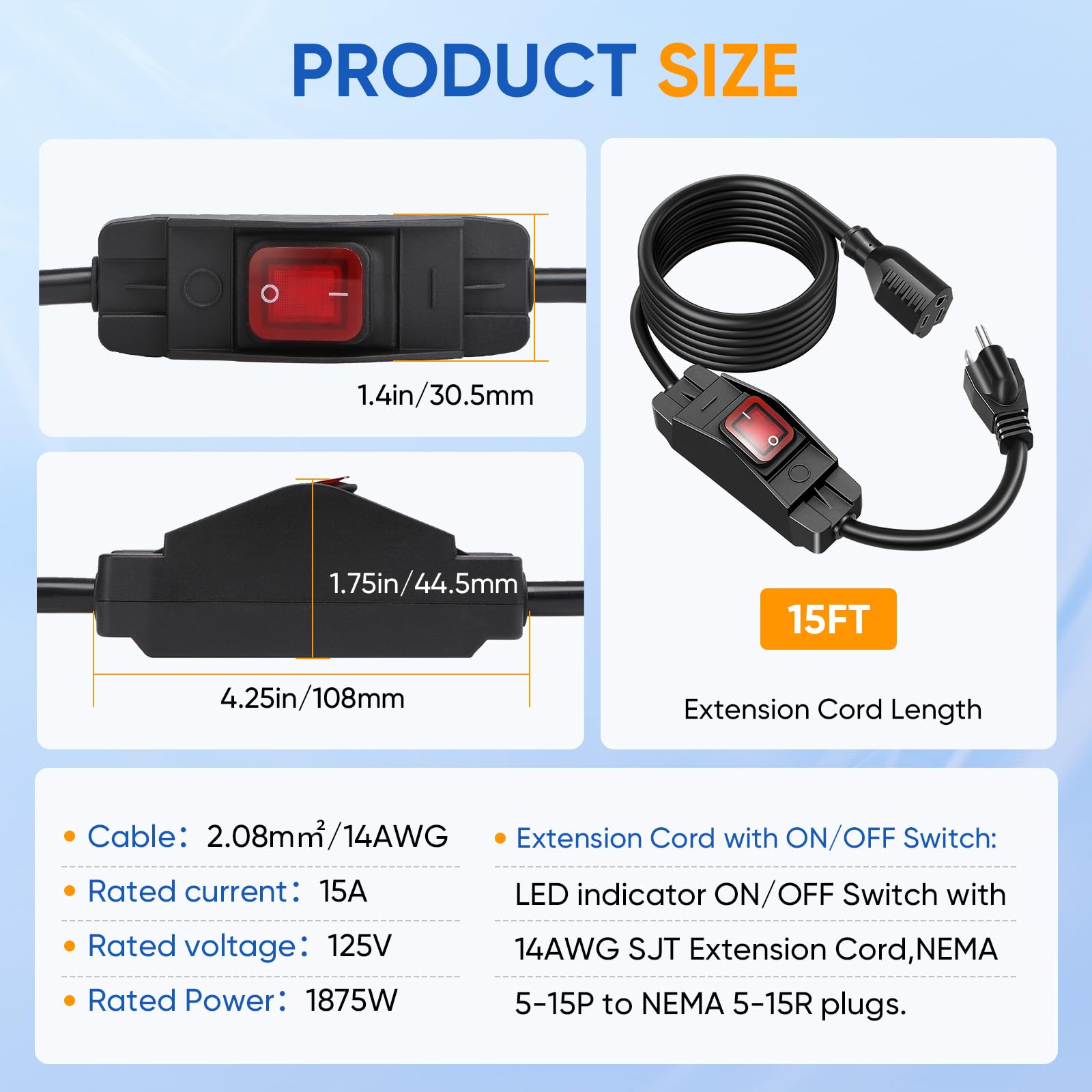 Outdoor Extension Cord With On/Off Waterproof Switch, 15A 125V Grounded 3 Prong Plug, Heavy Duty 1875W Short Outdoor Extension C