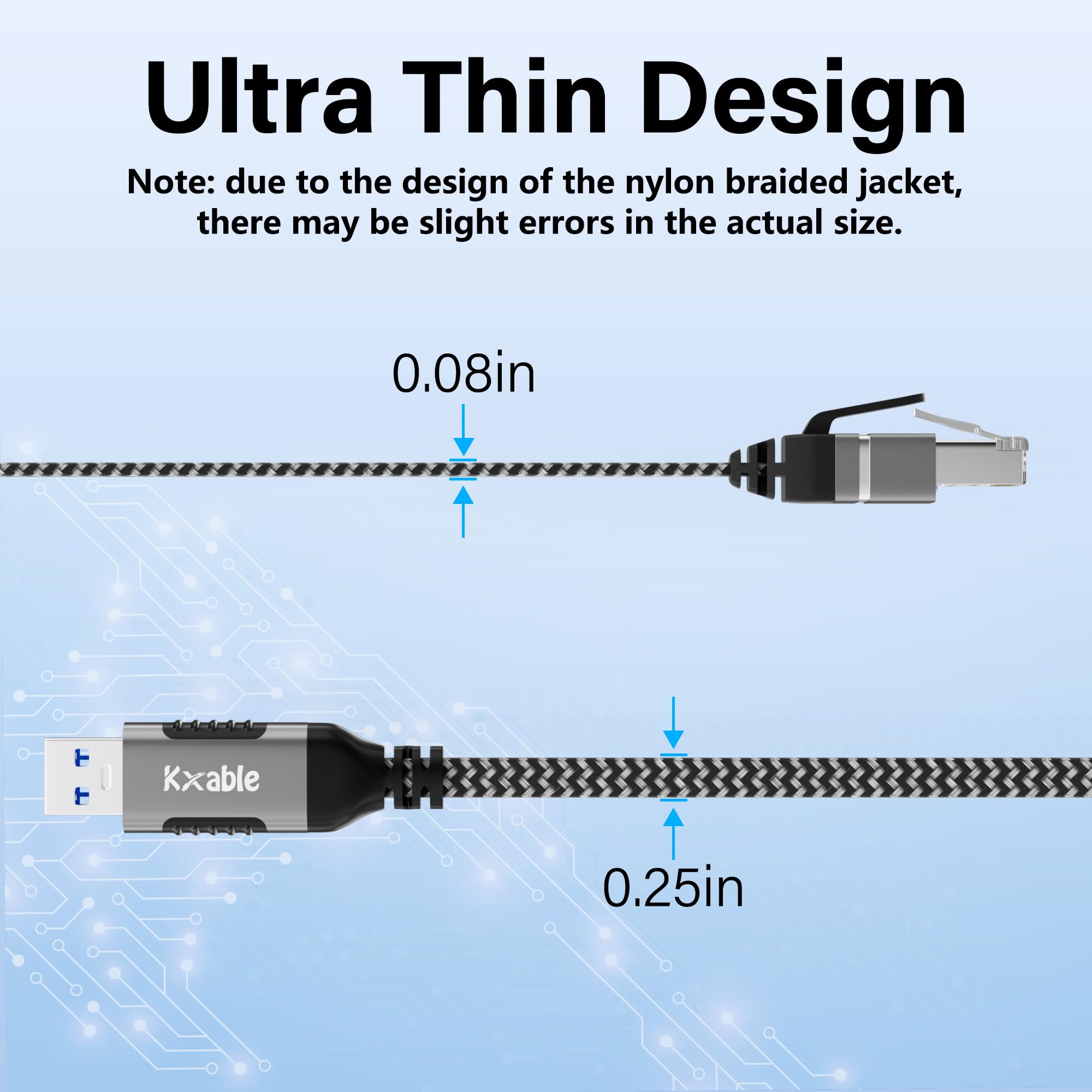Flat Usb To Ethernet Cable 15 Ft, Usb 3.0 A To Rj45 Thin Cord, Directly Connected, Aluminum, Braided, Ofc, Usb To Rj45 Gigabit L