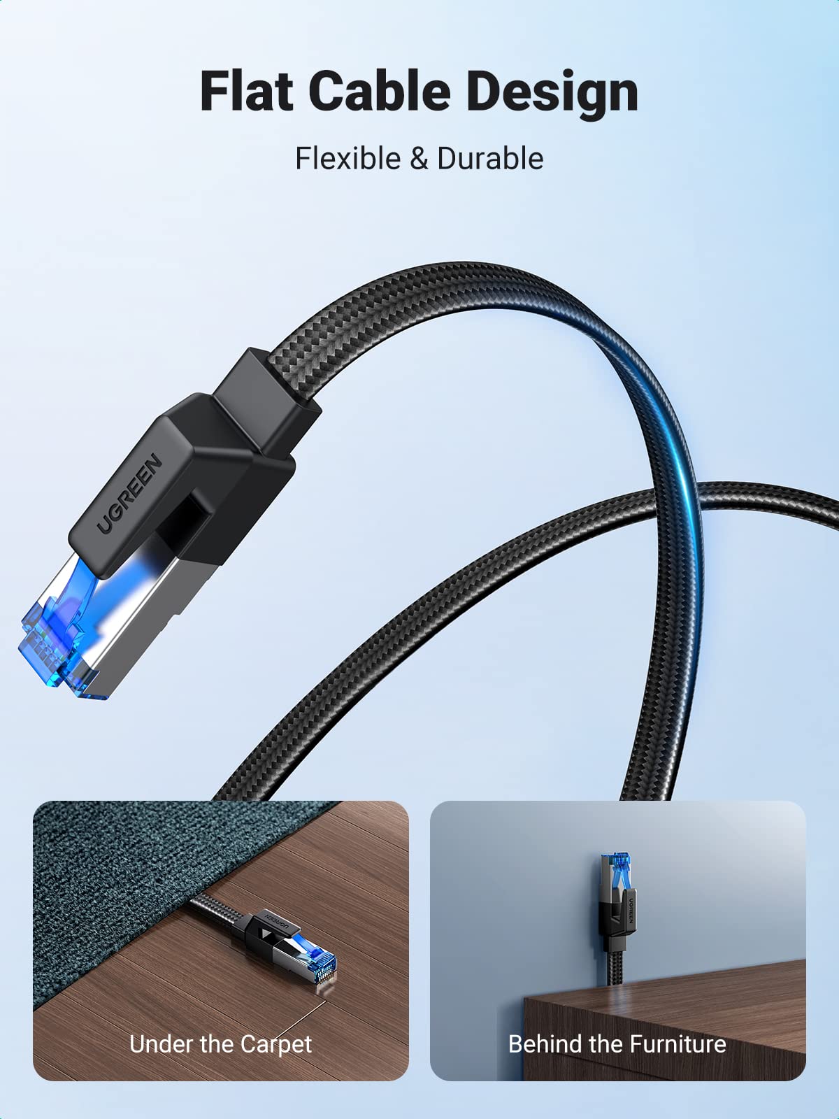 Ugreen Cat 8 Ethernet Cable 50Ft, Flat High Speed 40Gbps 2000Mhz Internet Cable 26Awg Braided Network Cord Rj45 Shielded Indoor