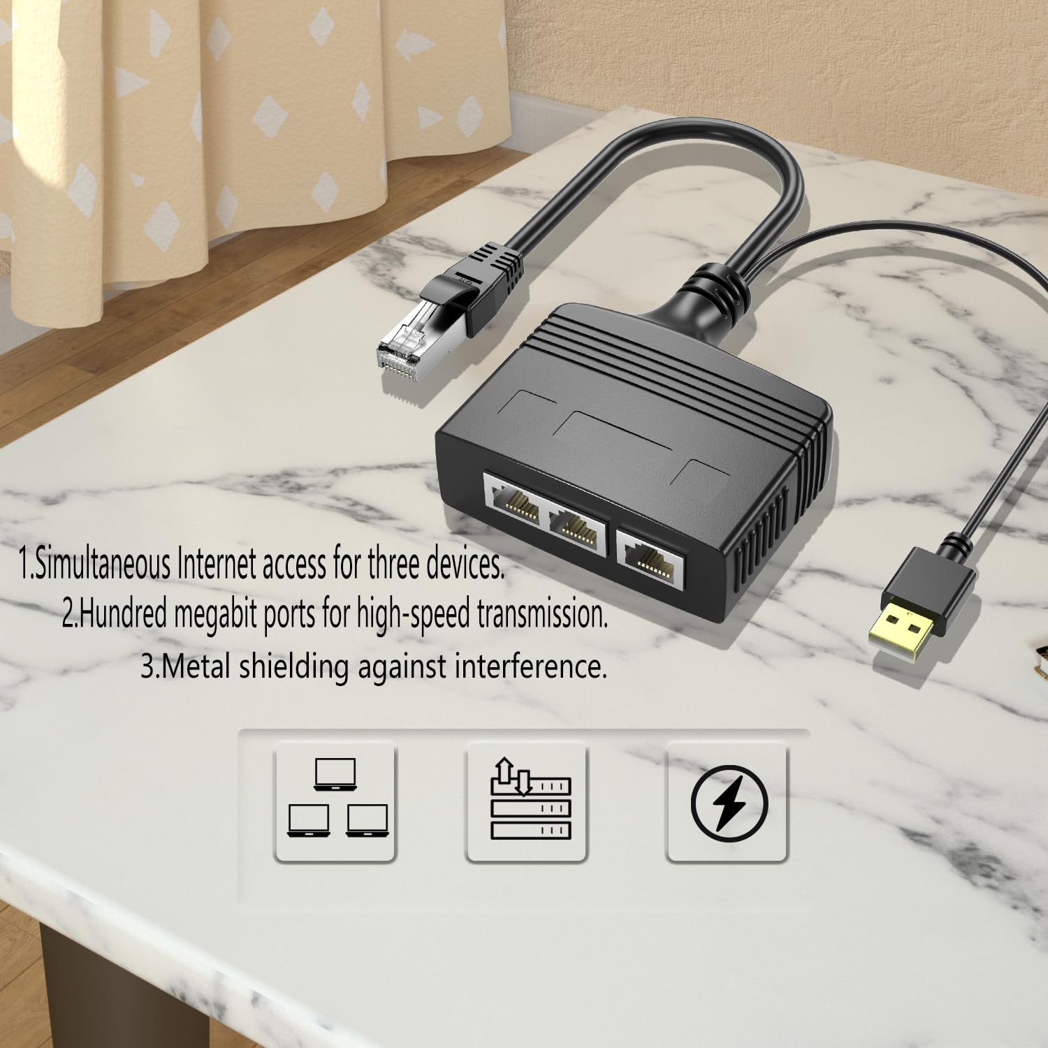 Riieyoca 1 To 3 Rj45 Ethernet Splitter Adapter,8 Core 100Mbps High Speed Lan Network Splitter Adapter For Cat5, Cat5E, Cat6, Cat