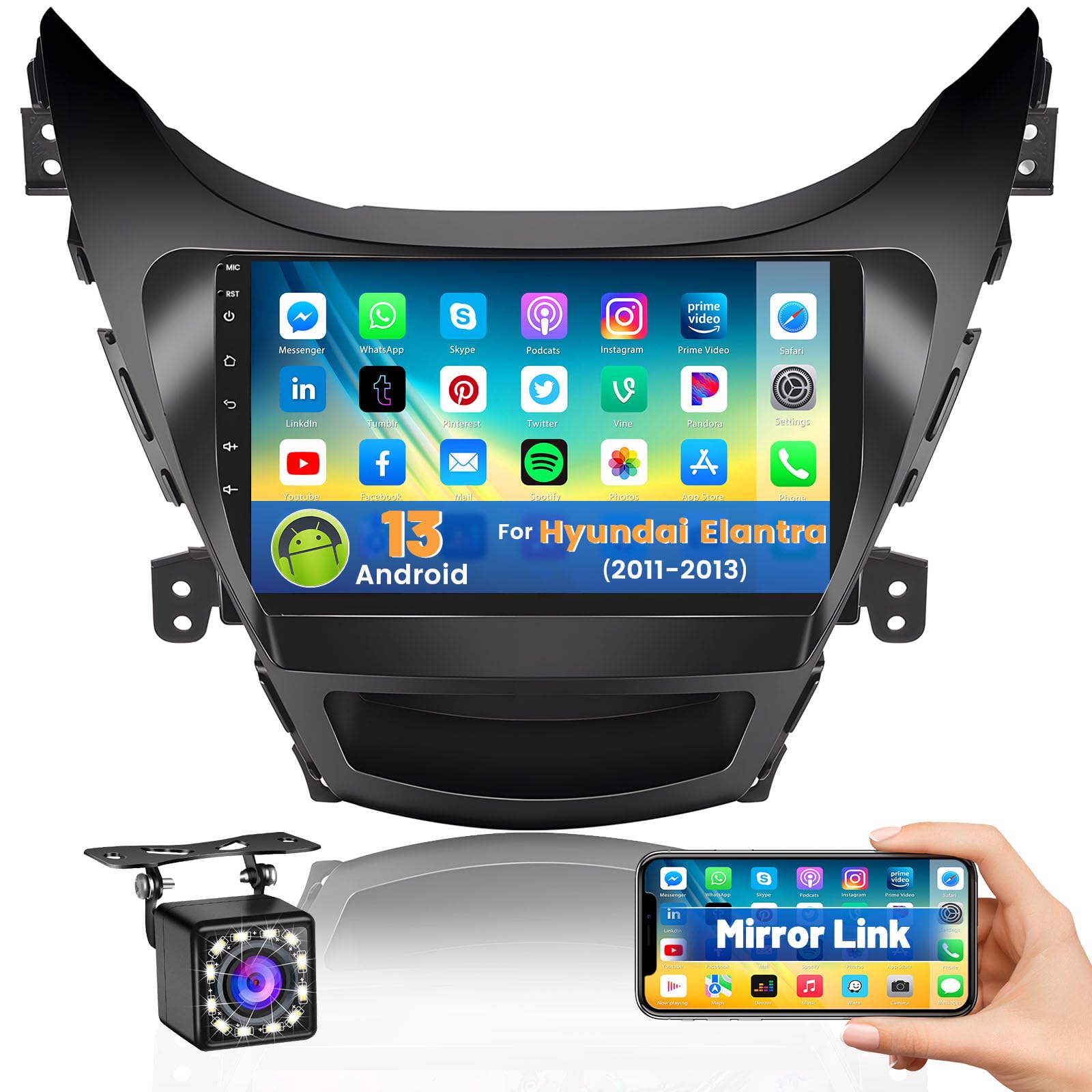 (1+32G) For 2011 2013 Hyundai Elantra Android 13 Radio, Roinvou 9 Inch Touch Screen Radio Dash Kit With Backup Camera, In Dash G