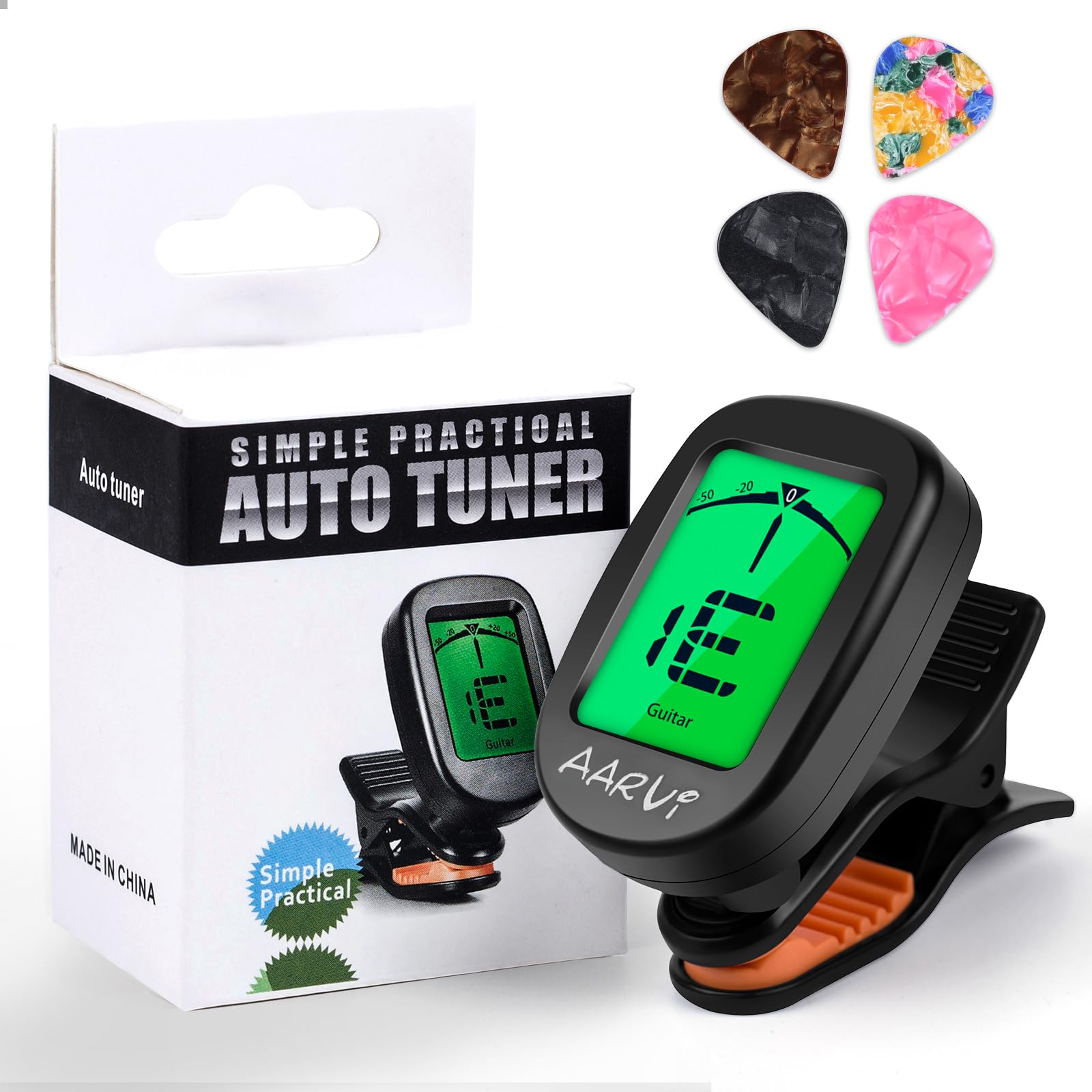 AARVI Clip On Guitar Tuner for All Instruments, Acoustic/Electric Guitar, Ukulele, Bass, Violin, Banjo, Large Clear LCD Display 