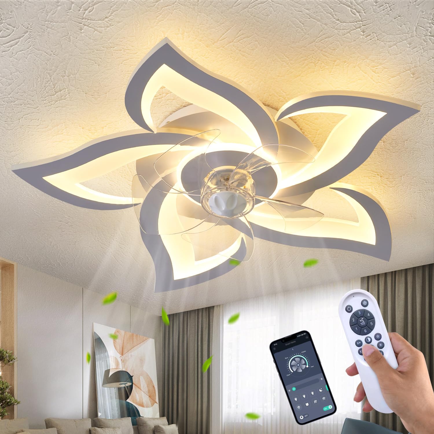 HuixuTe Ceiling Fan with Lights Remote Control, 3 Colors, 6 Speeds, 24 Geometric Bladeless Ceiling Fan, White Low Profile Ceilin