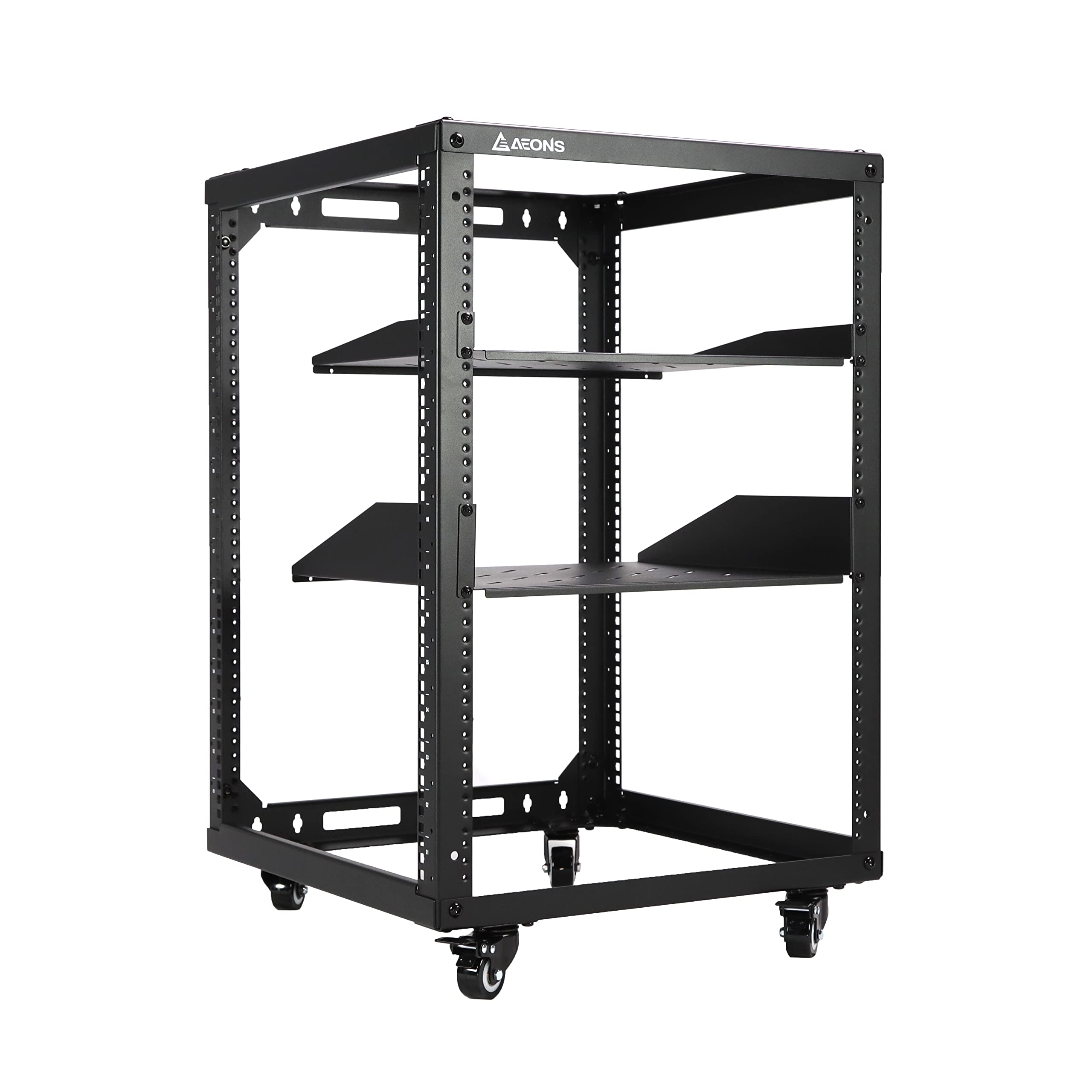 Aeons 15U Open Frame Network Server Rack 19 Inch 4 Post Av Rack With Casters For Floor Standing And Wall Mount, Side Load For Extra Depth� Complete Kit With 1U And 2U Vented Shelves, Black