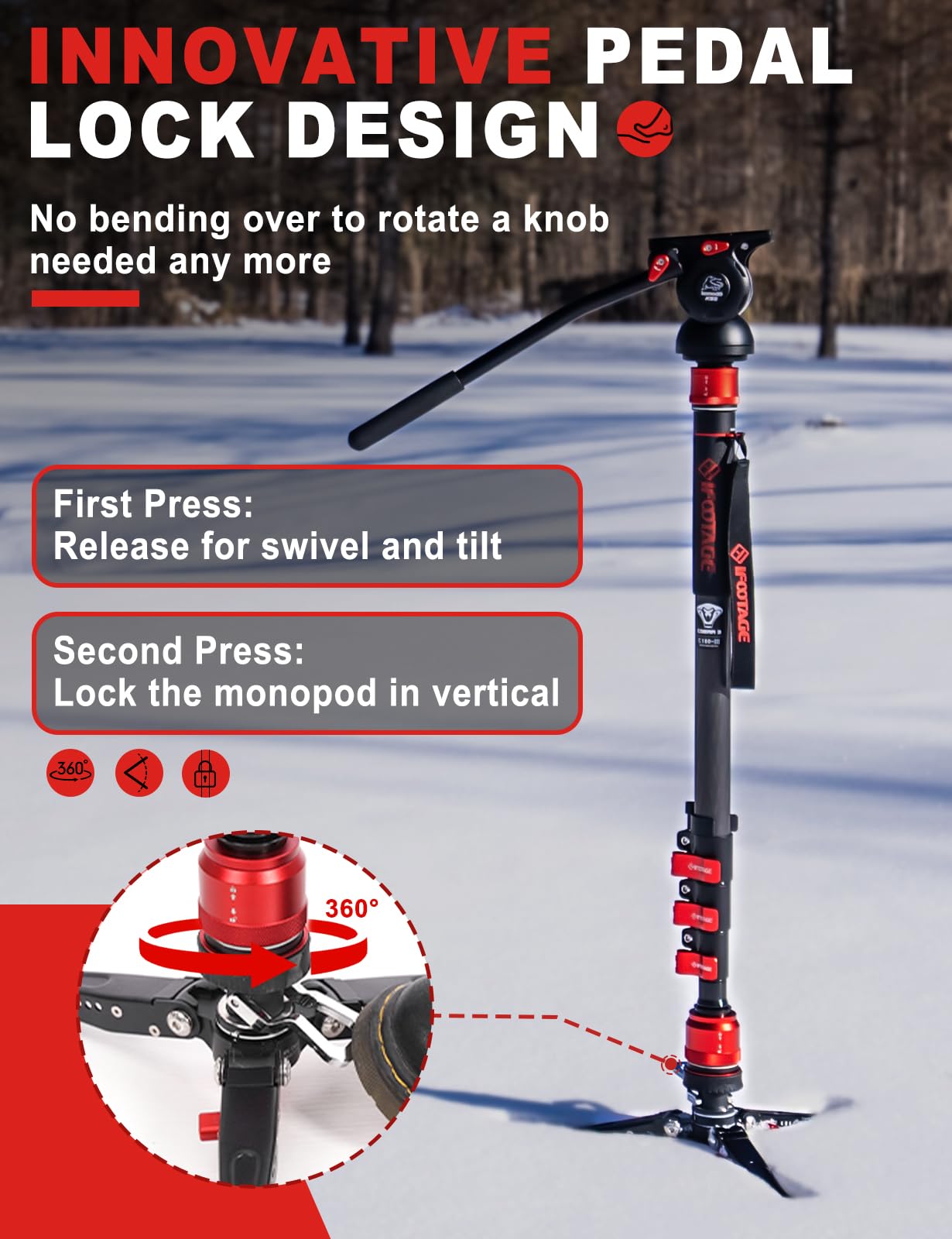 Ifootage Cobra 3 Monopod With Pedal C180F P, 71'' Monopod For Cameras, Professional Carbon Fiber Travel Monopod With Feet, Paylo