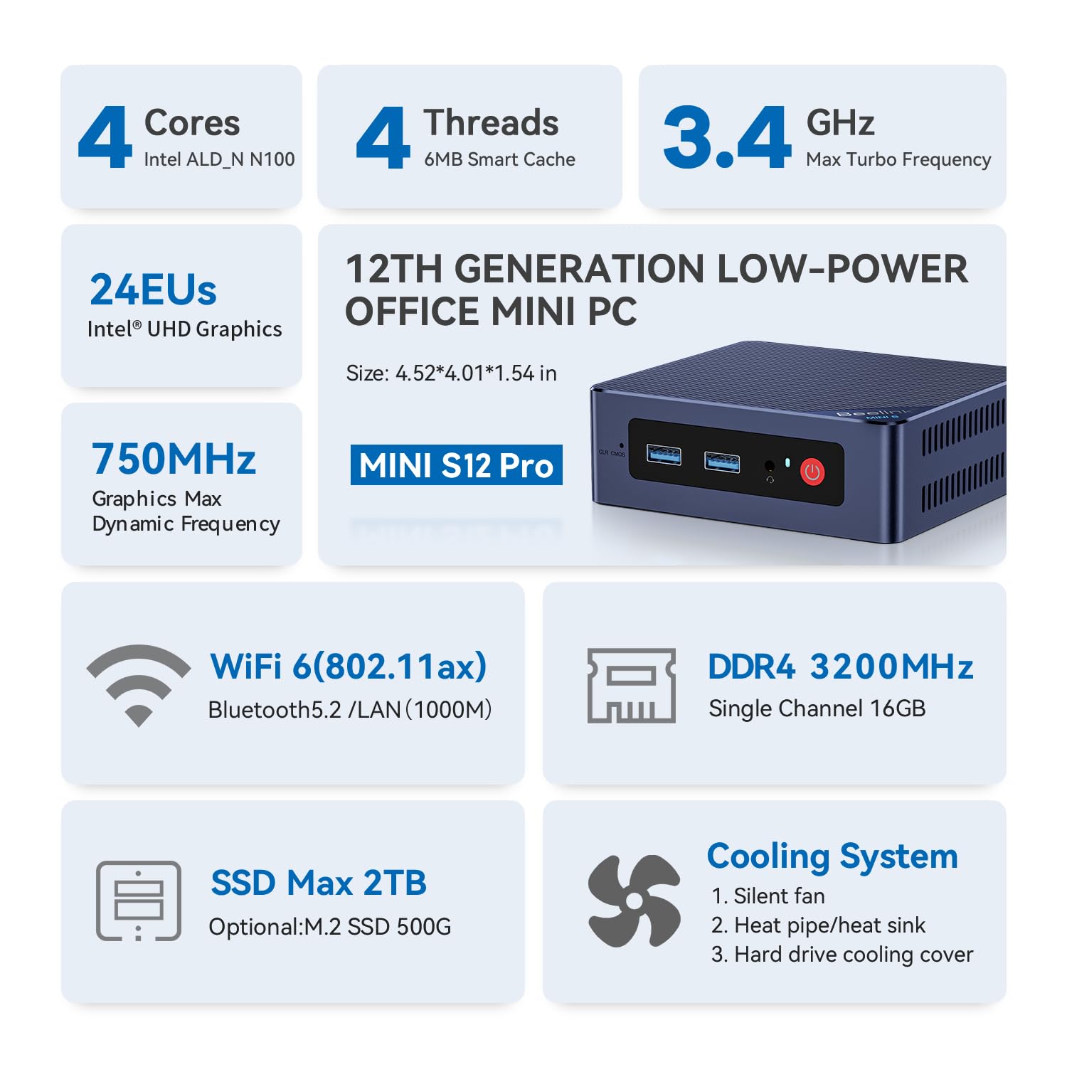 Beelink Mini Pc, Mini S12 Pro Intel 12Th N100(Up To 3.4Ghz), 16Gb Ddr4 500Gb M.2 Pcie Ssd, Mini Desktop Computers Support 4K Dua