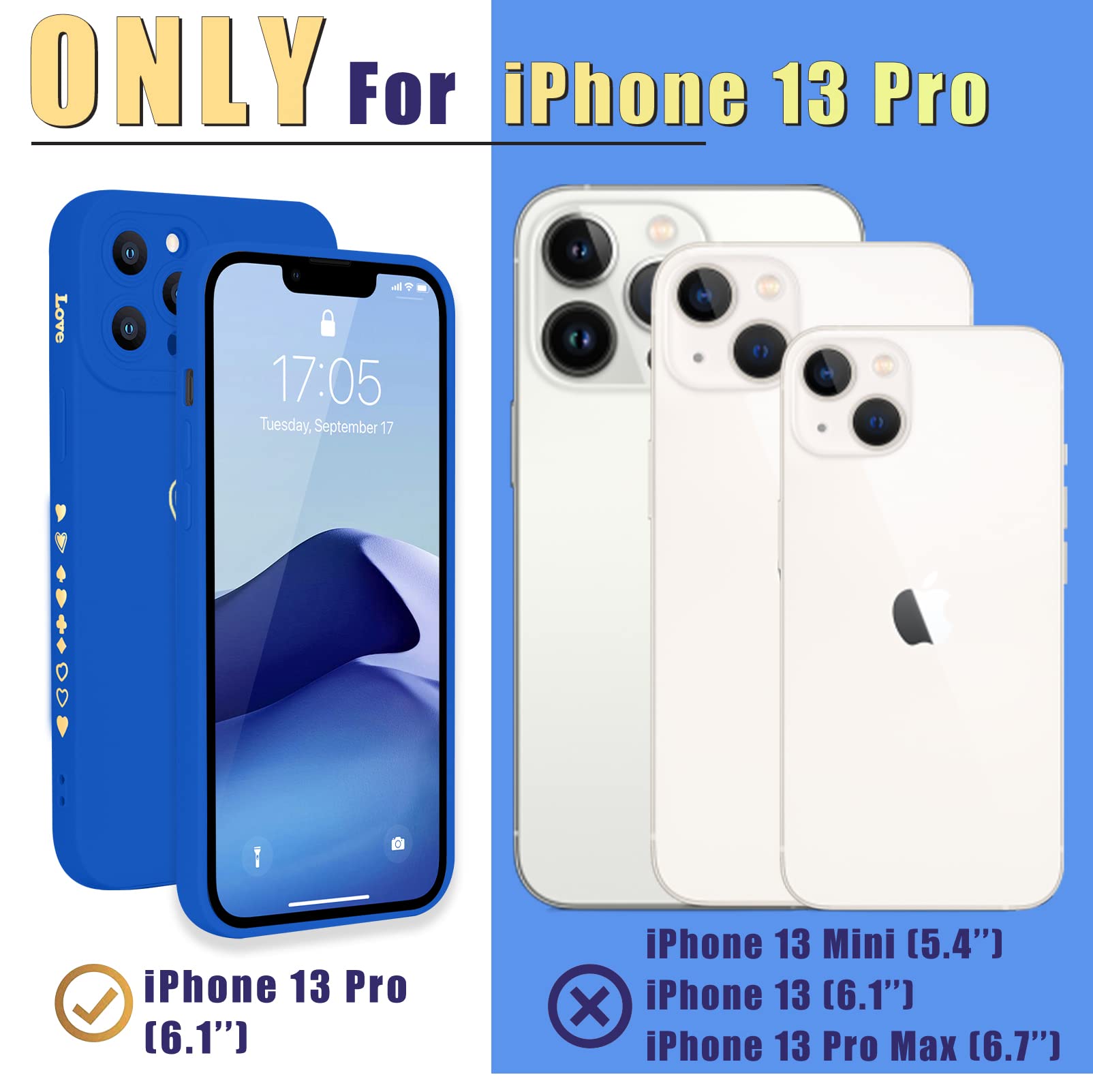 Teageo iPhone 13 Pro Case Love Heart Full Camera Lens Protective Silicone Blue 6.1 inch