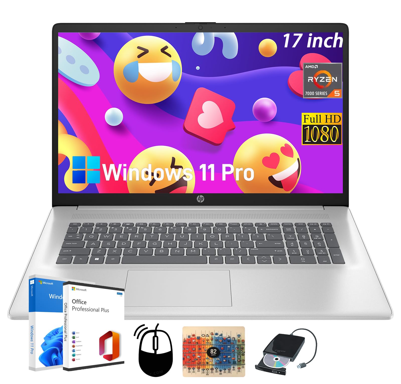 HP 17 inch Business Laptop Computer - Office Lifetime, 17.3 FHD+ Display, AMD Ryzen 5 7430U(Beats i7), AMD Radeon Graphics, Wind