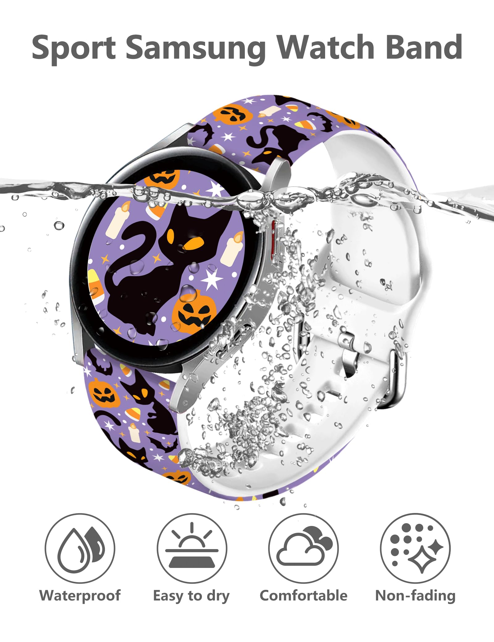 Vieeki Halloween Pumpkin Cats Silicone Watch Band, Compatible With Samsung Galaxy Watch 41Mm 46Mm, Purple, Adjustable Size, Spoo