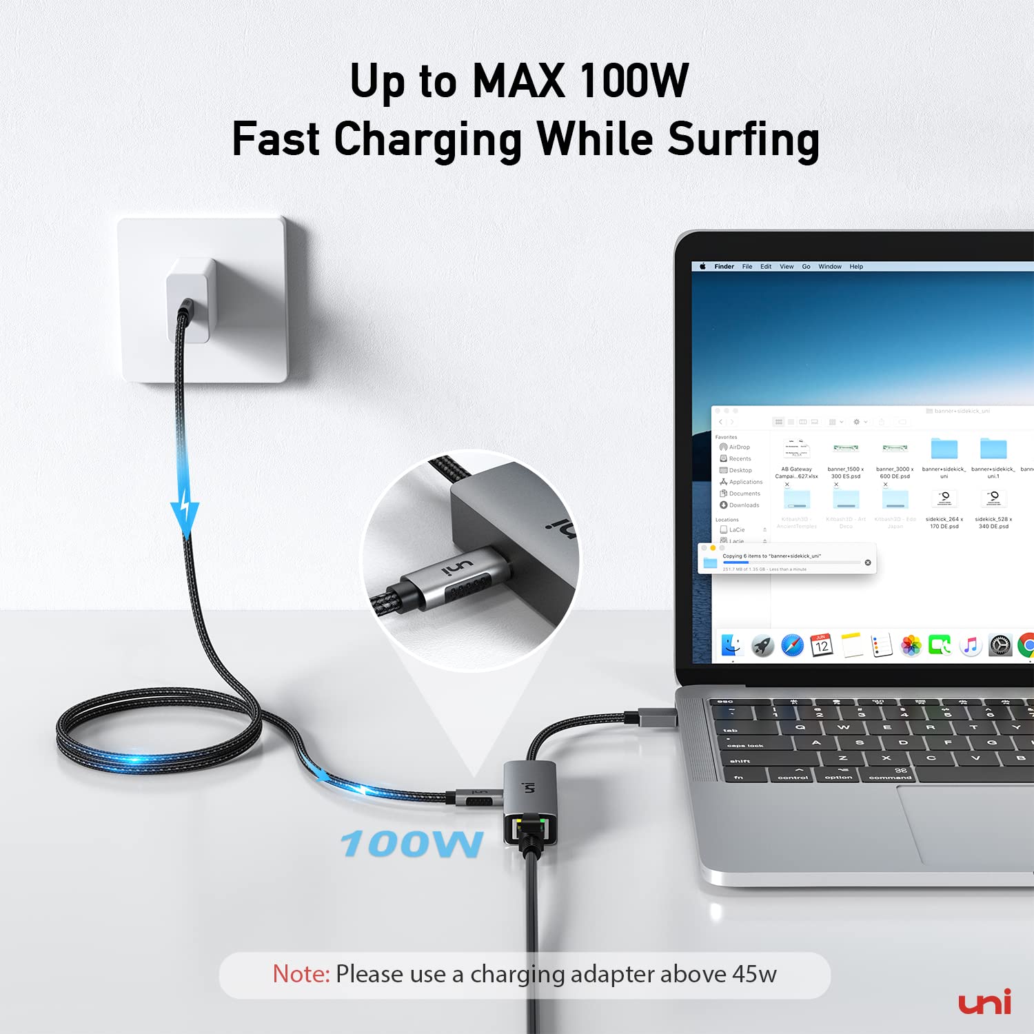 Uni Usb C To Ethernet Adapter With 100W Charging Port, Rj45 To Usb C 1Gbps Type C Gigabit Ethernet Lan Network Adapter Power Del
