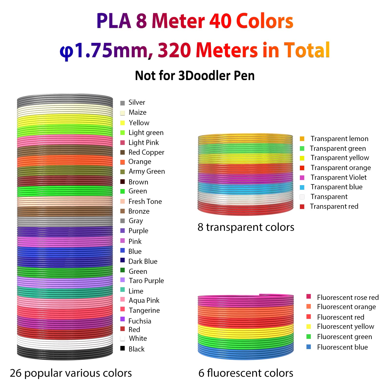 Dikale 3D Pen Filament 1.75Mm Pla Refills 40 Colors, Each Color 8 Meters(26 Feet), Total Length 320M(1050 Feet), 250 Stencils Eb