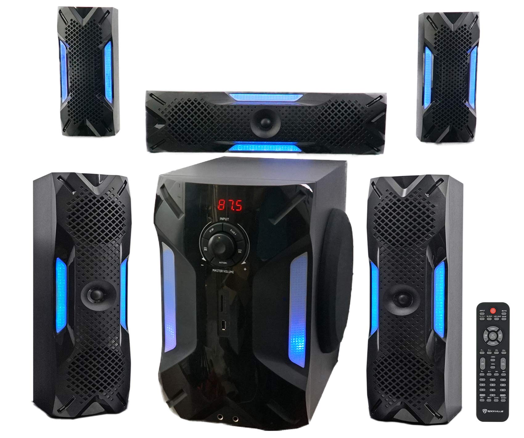 Rockville HTS56 1000W 5.1 Channel Home Theater System, Bluetooth, USB, 8 Subwoofer, LED Light Effects, Remote Control, Optical I