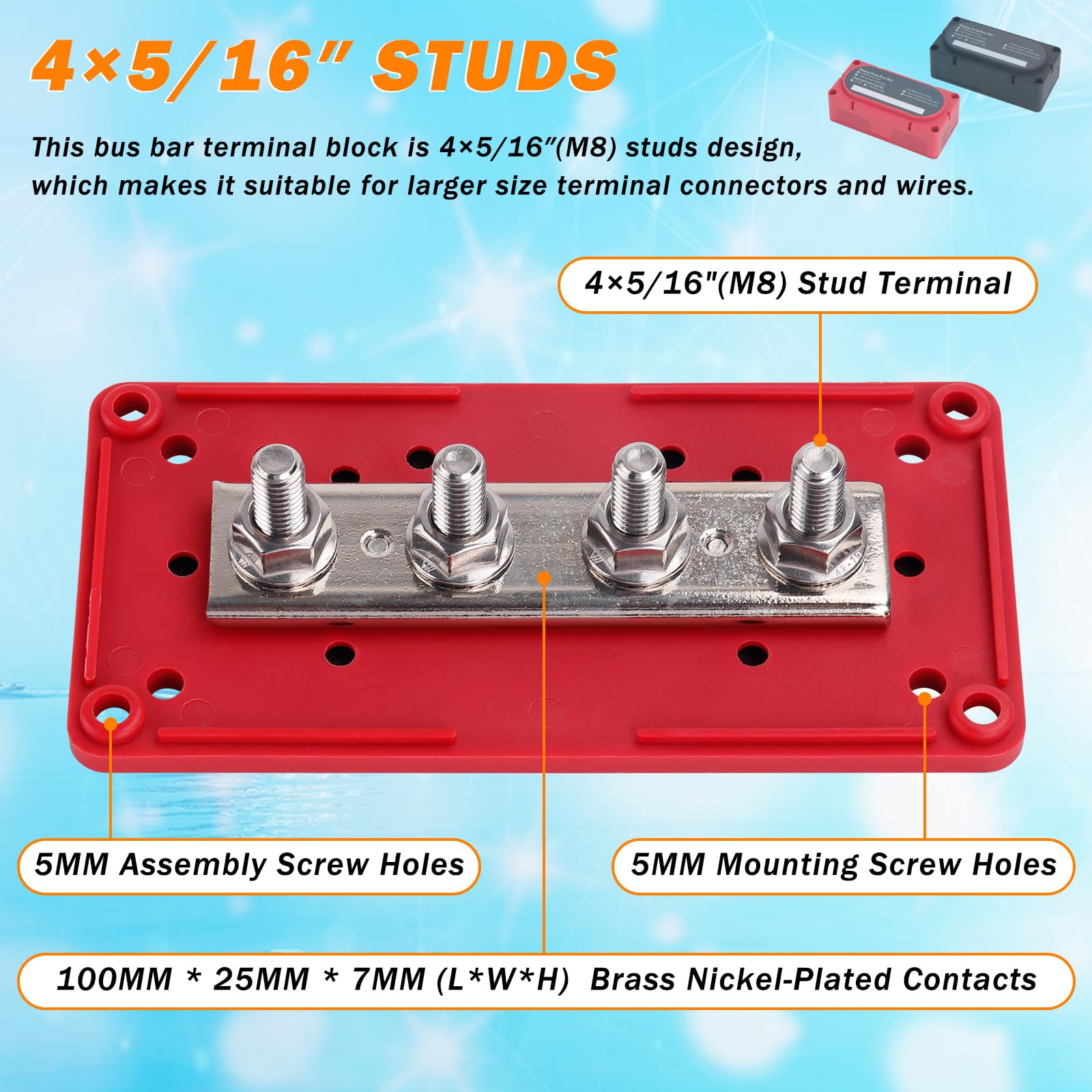 300A Heavy Duty Module Bus Bar 12V 24V 48V Dc Power Distribution Block With 4 X 5/16'' (M8) Battery Terminal Distribution Block