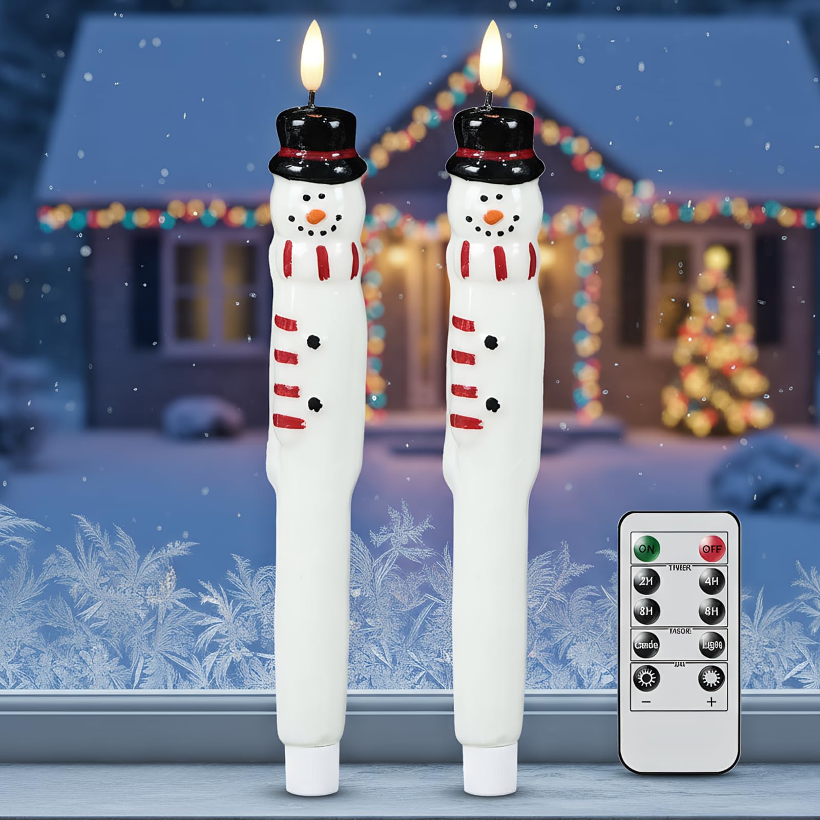 Lasumora Christmas Flameless Taper Candles with Remote Timer, 2 Pcs Hand-Painted Snowman Sculpture Shape LED Candlesticks with 3