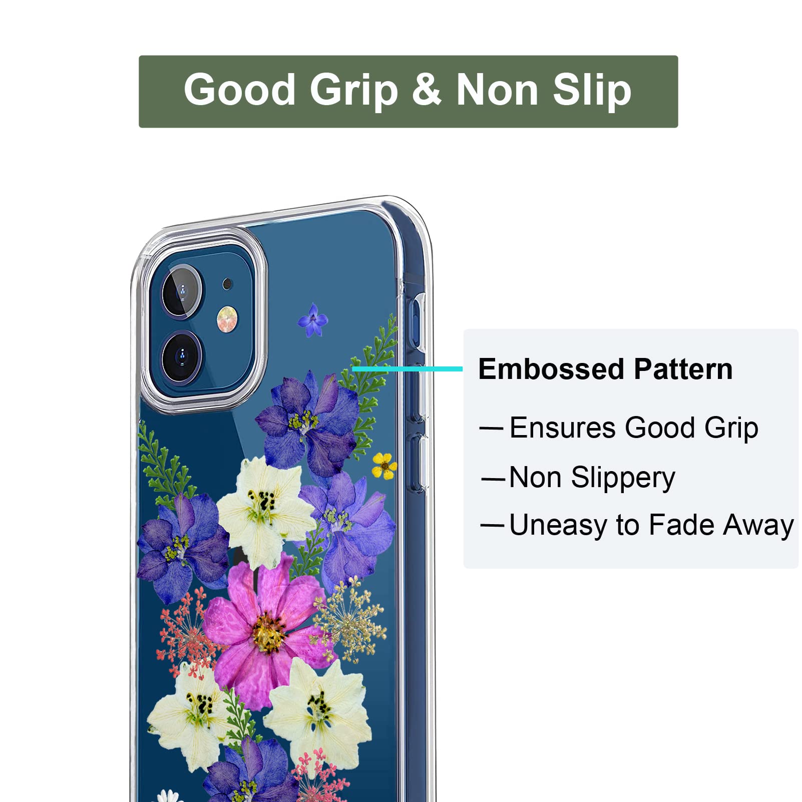 Unov iPhone 12 Mini Case Clear Slim Embossed Flower Soft TPU Very Peri Bouquet 5.4 Inch