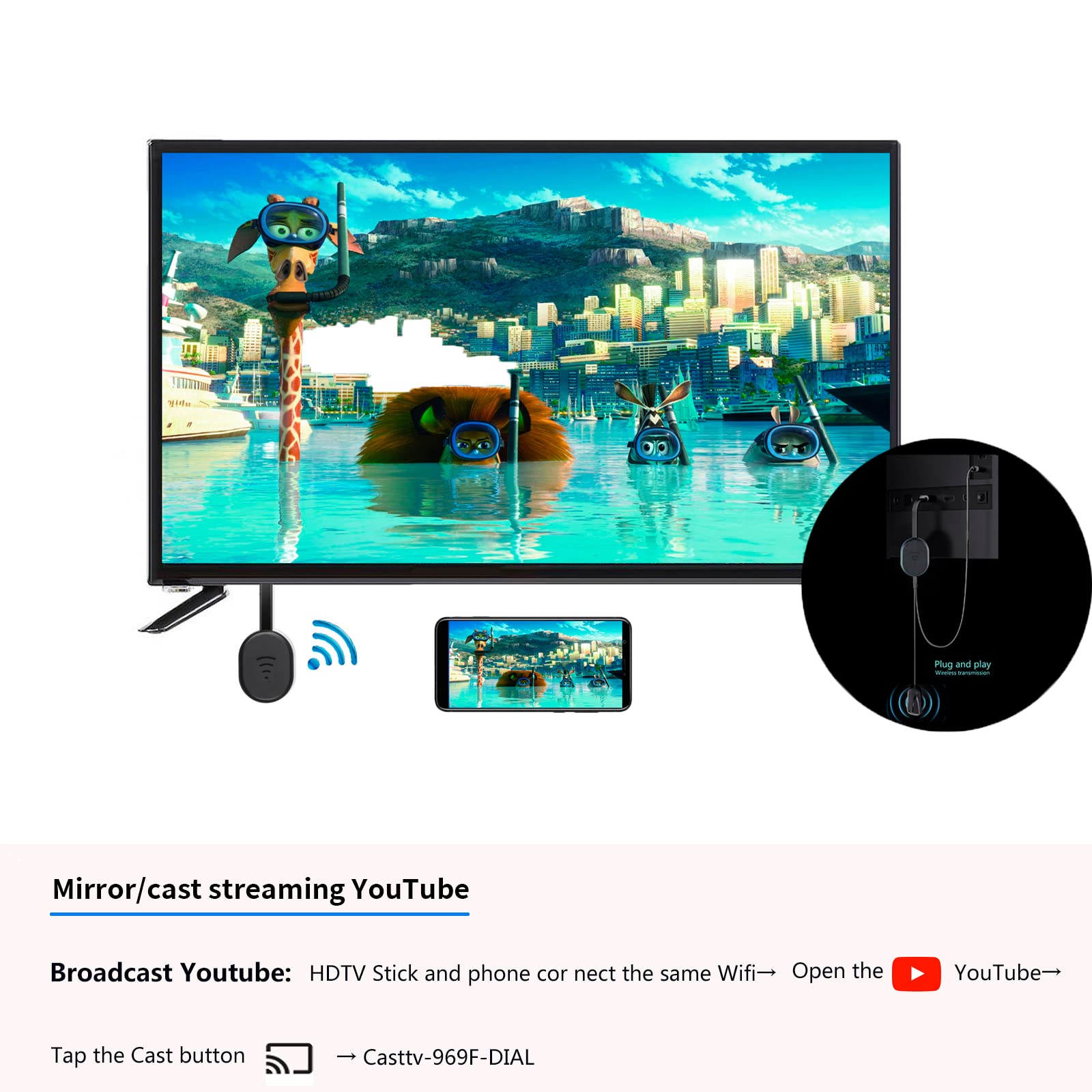 Wireless Hdmi Display Dongle Adapter,Tv Adapter For The App Youtube,Video Mirroring Dongle Receiver,Used For Mac Ios Android Cas